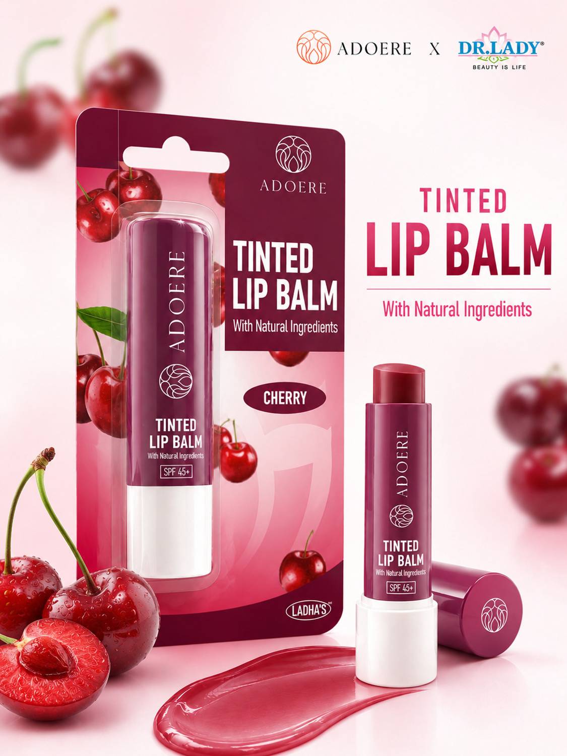 Adoere Cherry Lip Balm with SPF 45++: Natural Hydration, Sun Protection, Kissable Lips Cherry