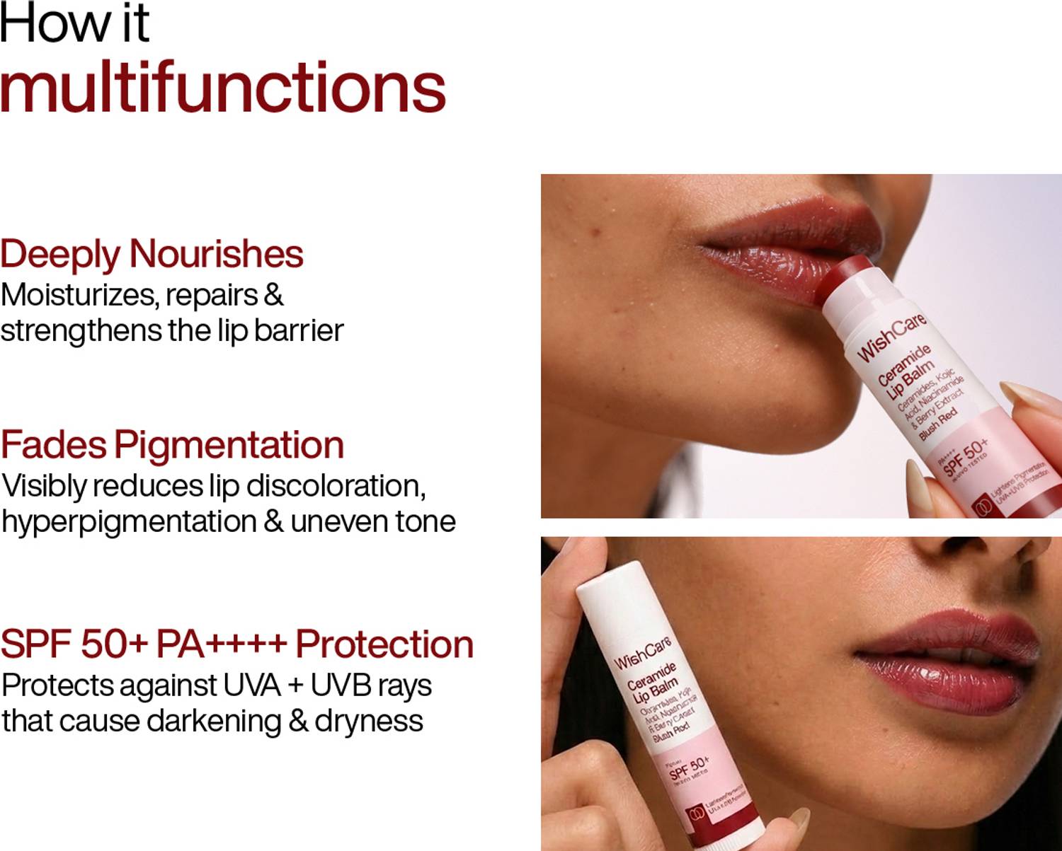 WishCare Tinted Ceramide Lip Balm SPF50 Blush Red - Image 3