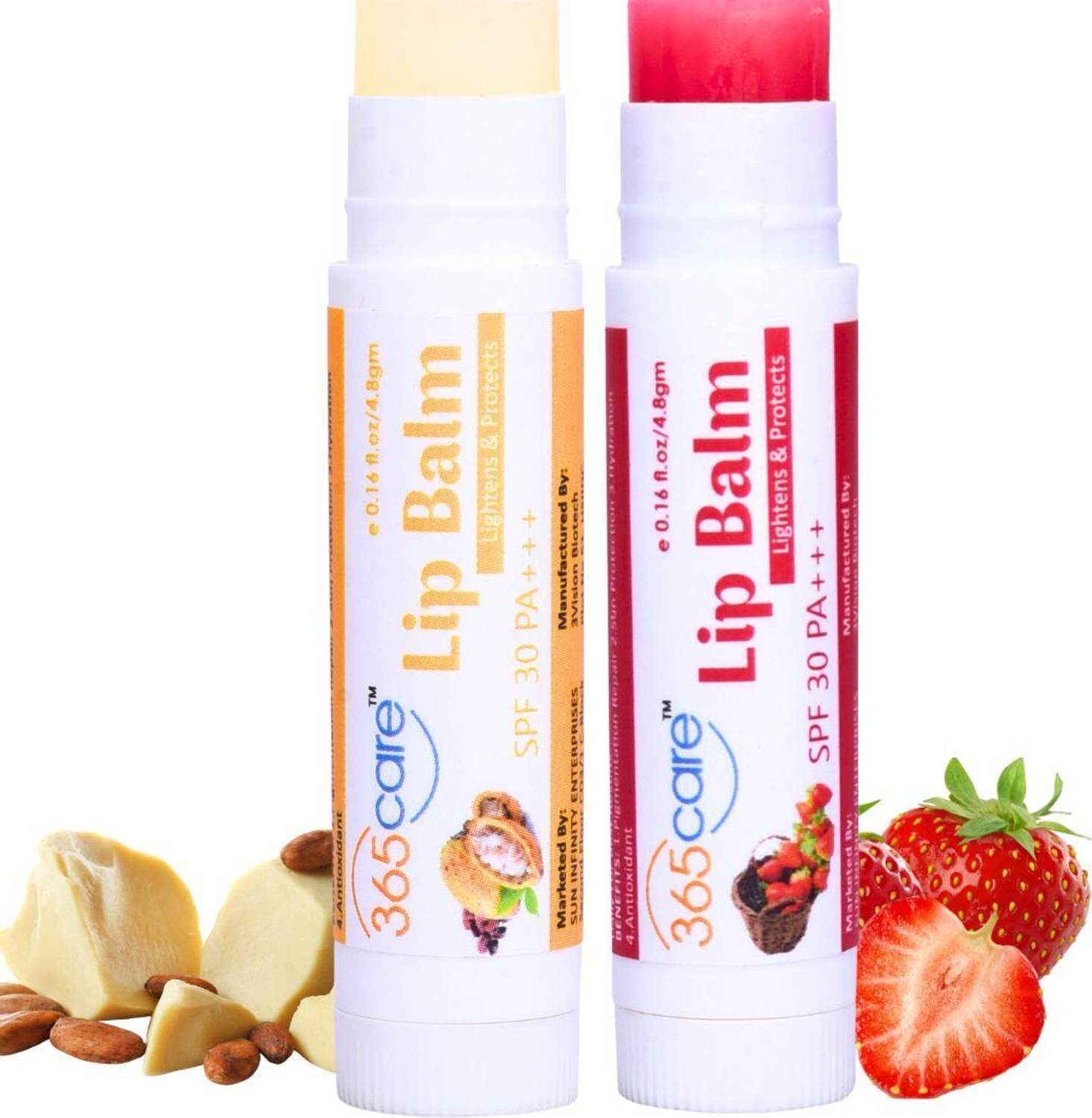 365Care Lip Balm SPF 30 PA+++ Lightens Dark Lips Kojic Acid Vitamin E Sun Protection Strawberry, Cocoa Butter