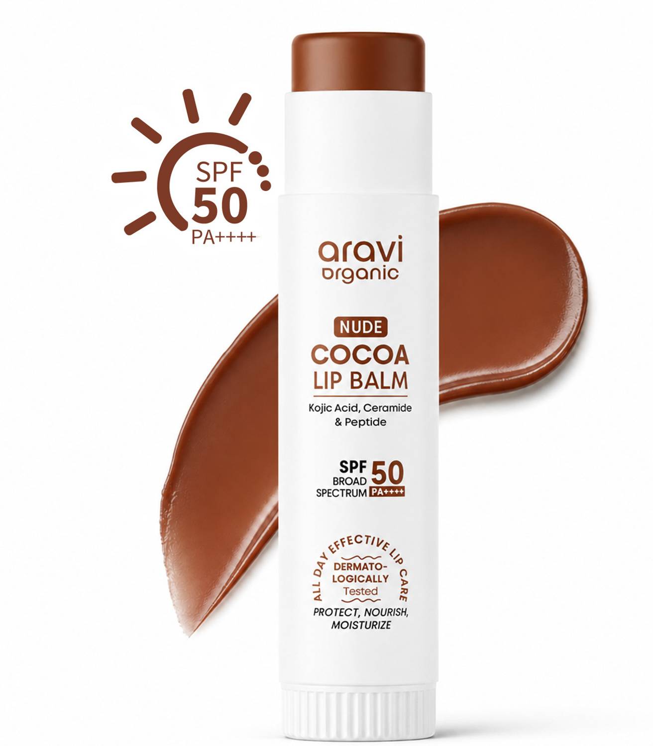 Aravi Organic Nude Cocoa Lip Balm SPF 50 PA++++ for Pigmented Lips | Kojic Acid & Ceramide Nude