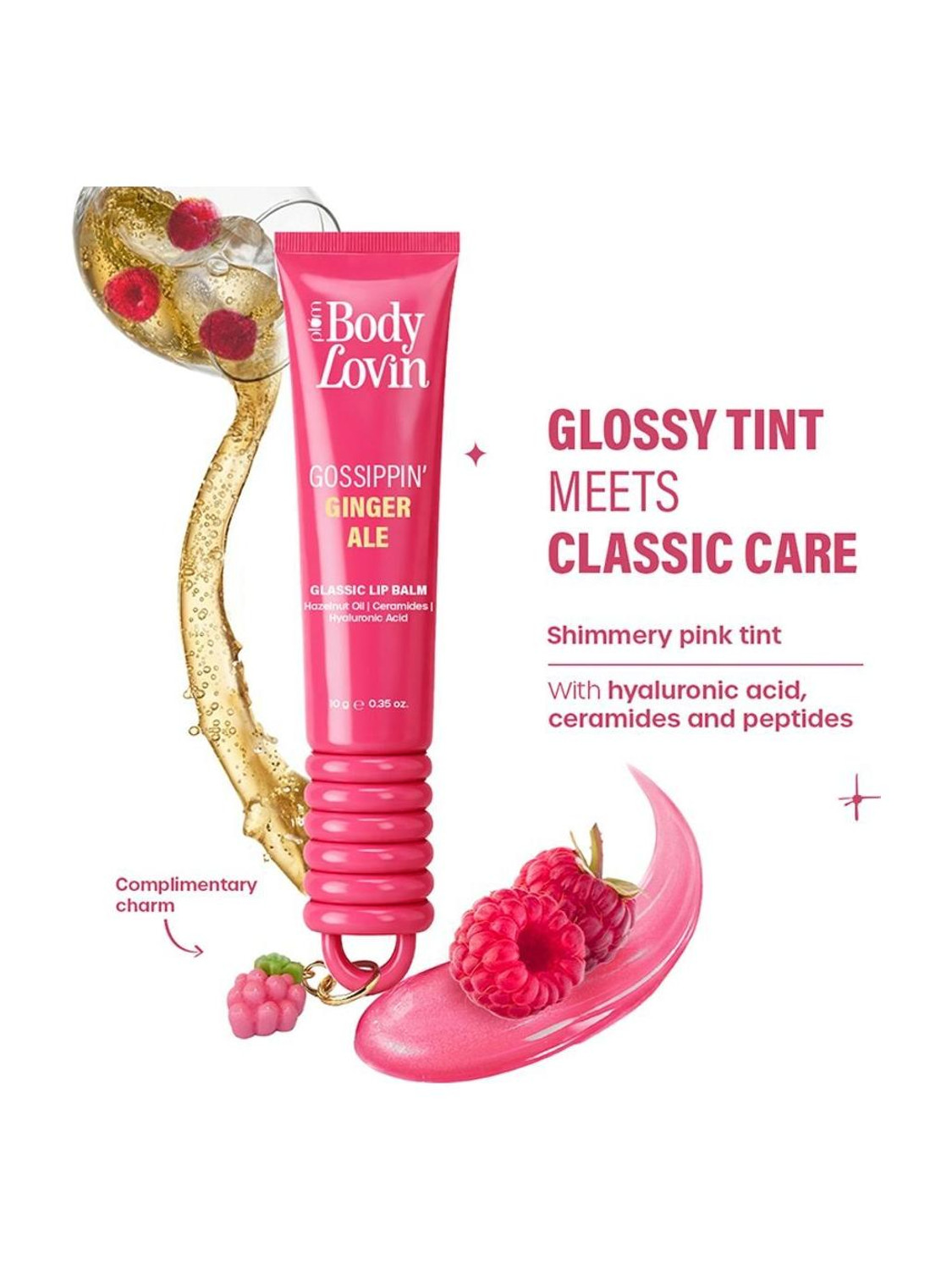 Image of Plum BodyLovin' Gossippin' Ginger Ale Glassic Lip Balm |Coral Pink Shimmer Gloss Tint Shimmery Pink