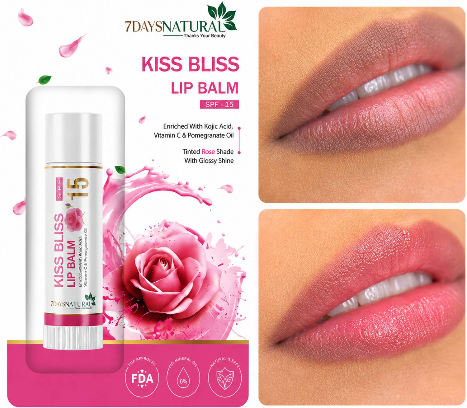kojic acid and vitamin c lip balm 7days natural Rose Tinted + Balm, SPF 15, for Brighten & Shiny Lip Rose A Natural skin whitening قناع نعومة وتفتيح Dosage:1000 mg, Citrus - 16 fl. oz. Platinum Skincare Gluta Glo