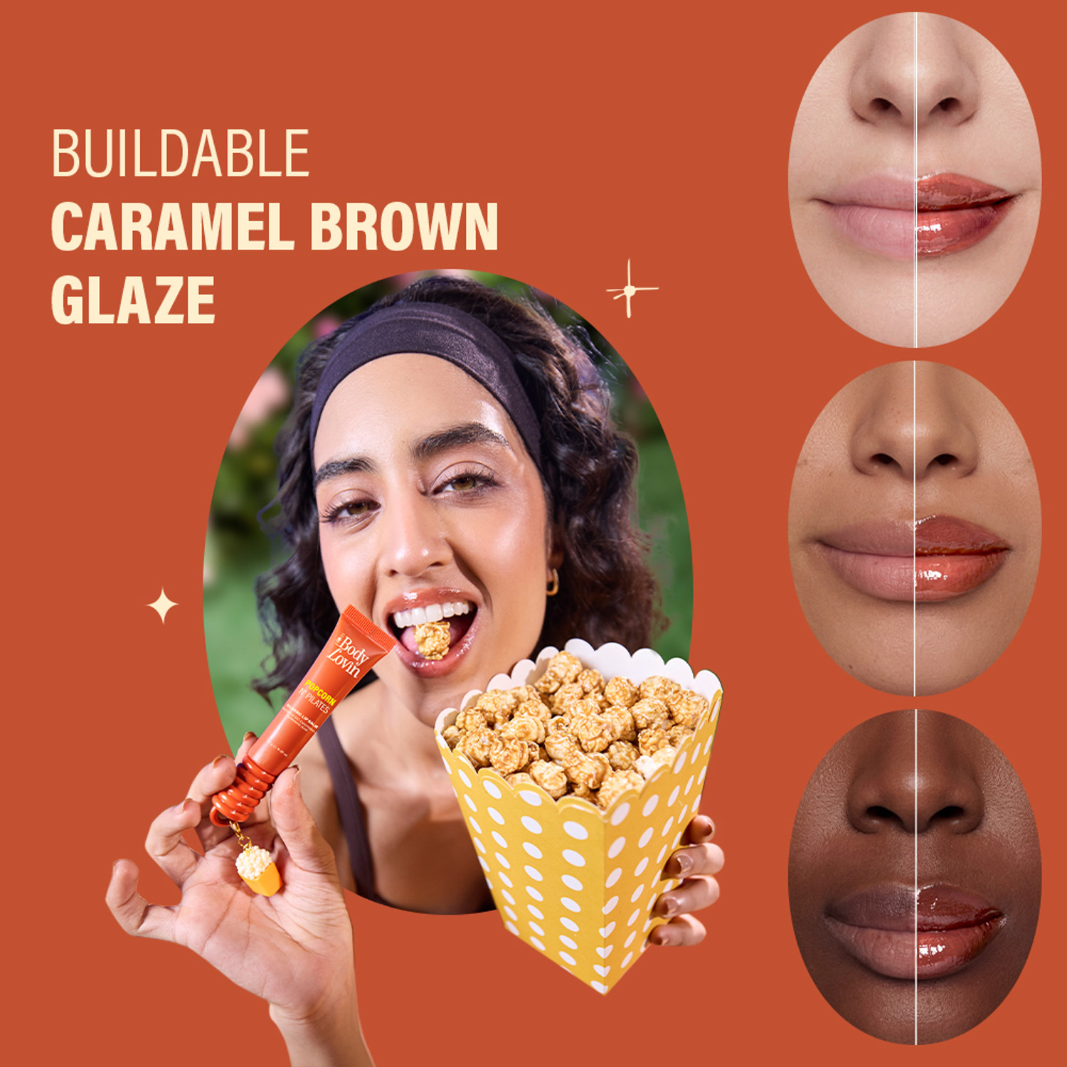 Image of Plum BodyLovin' Popcorn N' Pilates Glassic Lip Balm | Caramel Brown Gloss Tint Caramel Brown