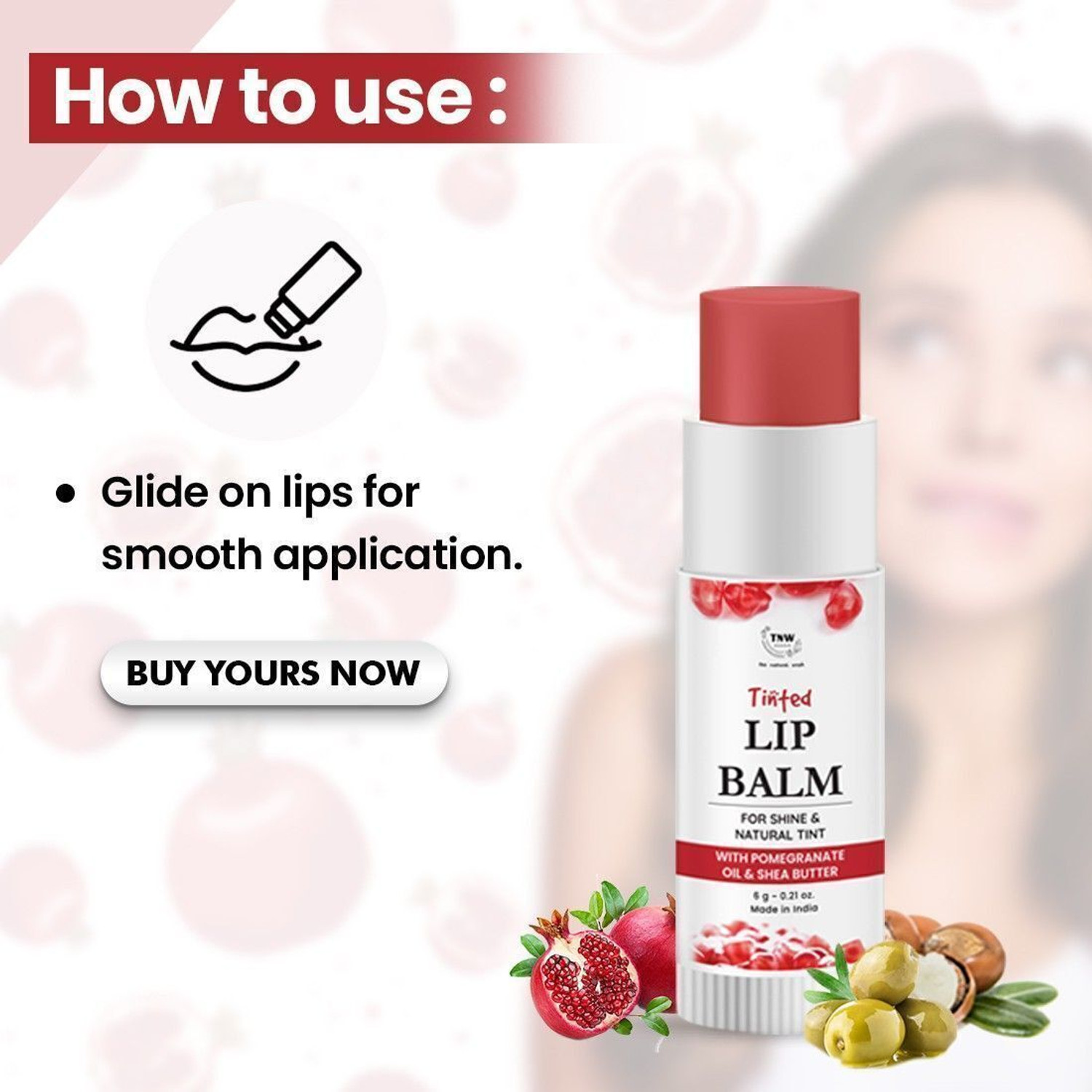 Image of TNW - The Natural Wash Pomegranate Tinted Lip Balm | Shea Butter For Hydrated Lips All Day Pomegranate Oil &, Shea Butter