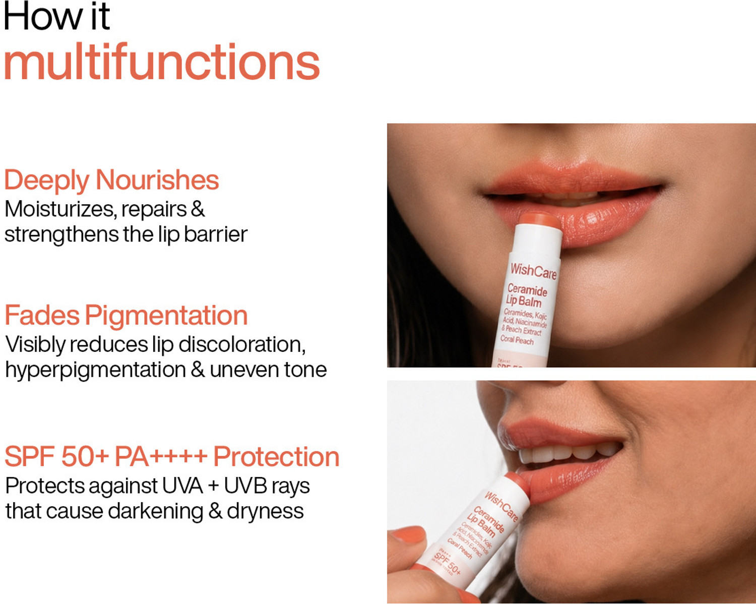 Image of WishCare Tinted Ceramide Lip Balm with SPF50 PA++++ Kojic Acid & Niacinamide Peach