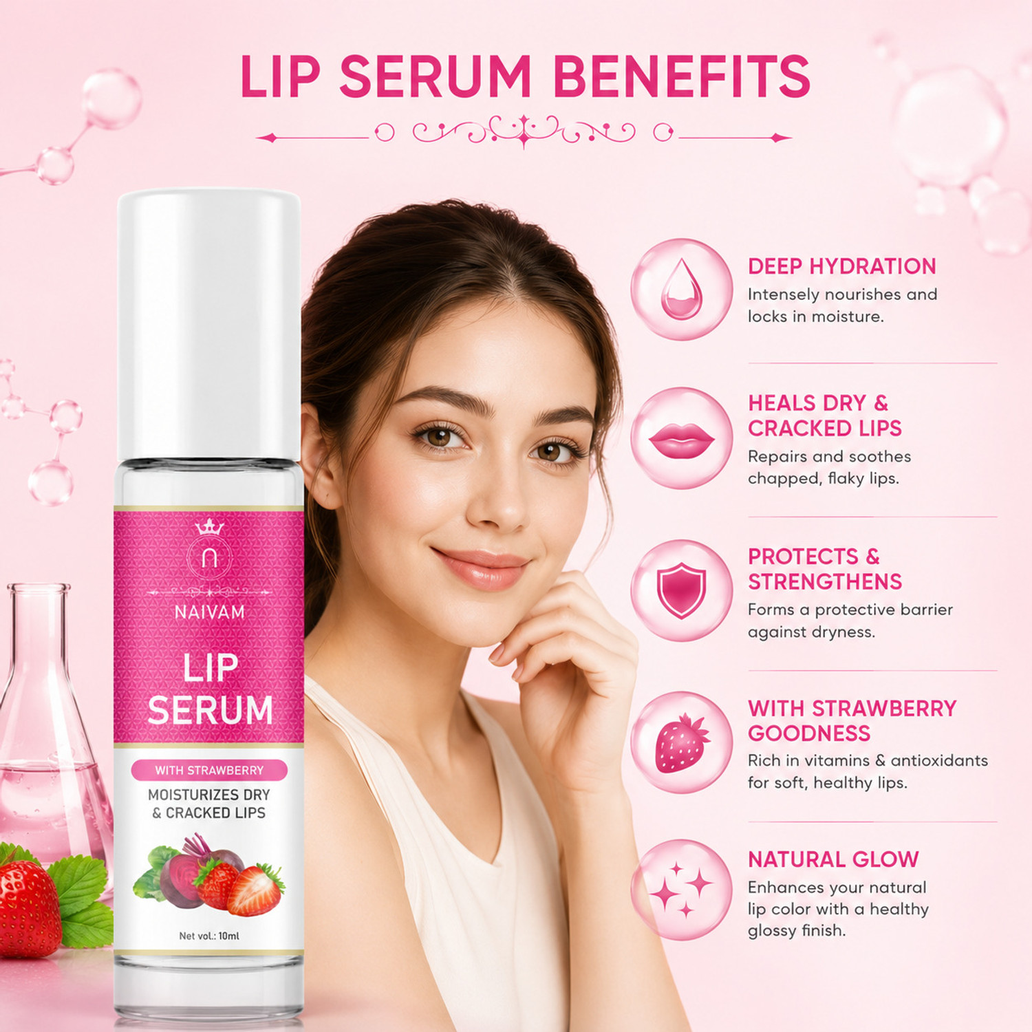 Image of Naivam Lip Serum - Advanced Brightening Therapy for Soft, Moisturised Lips (2x10ml) Strawberry (Pack of: 2, 20 ml)