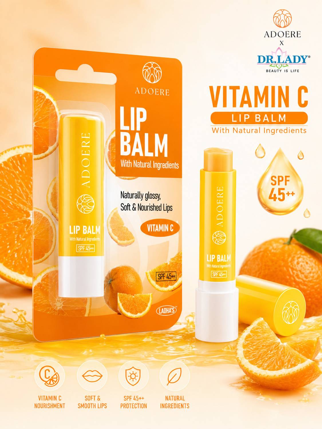 Adoere Vitamin-C Lip Balm with SPF 45++ for Daily Care, Hydrating, Natural Glowing Lips Vitamin C