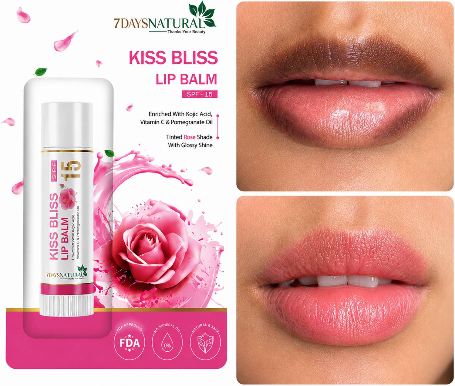 kojic acid and vitamin c lip balm 7days natural Rose Tinted + Balm, SPF 15, for Brighten & Shiny Lip Rose Formulated with a stable WEIGHT:5 MG UV protection Liposomal L-Glutathione Complex 90