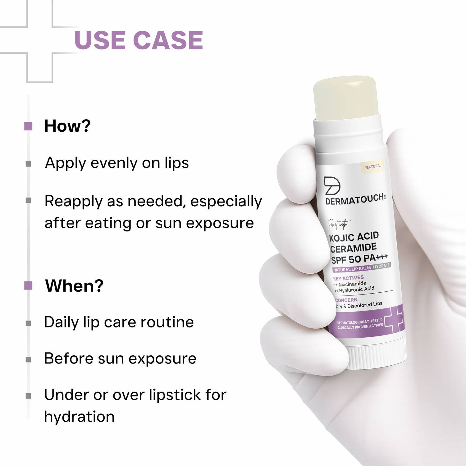 Dermatouch Kojic Acid Ceramide SPF 50 Lip Balm - Image 5