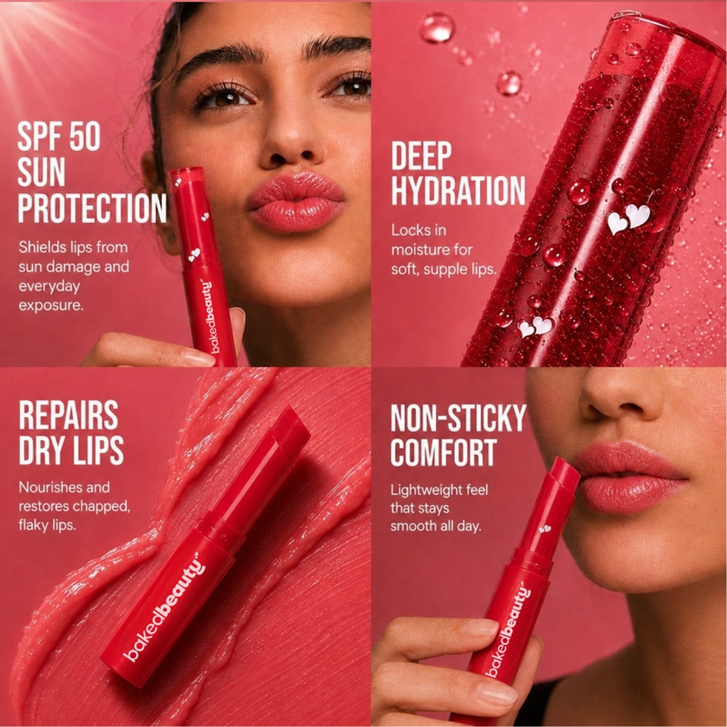 Image of BAKED BEAUTY Ultra Soft Tinted Lip Balm Stick SPF 50++ With Shea Butter Pigmented Lips Red Rush