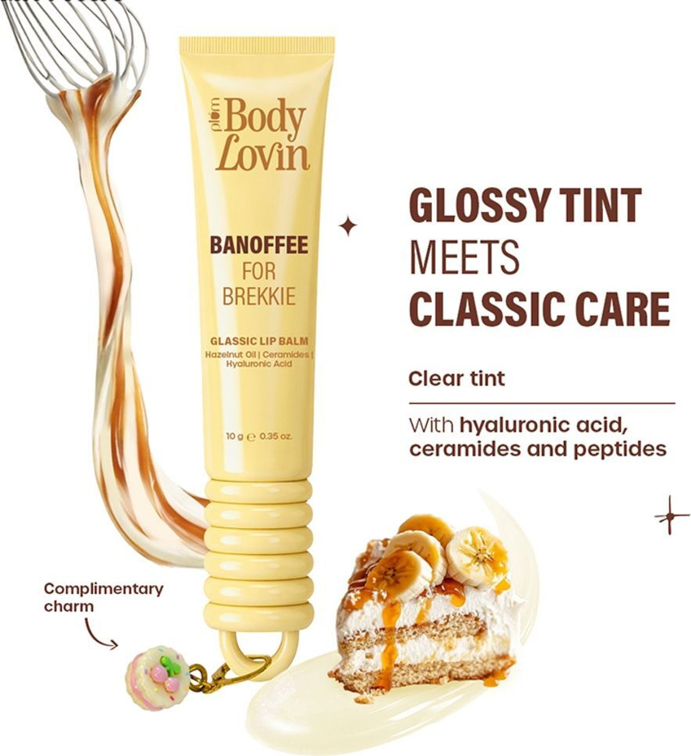 Image of Plum BodyLovin' Banoffee For Brekkie Glassic Lip Balm | Banana Toffee Nude Gloss Tint Nude Gloss