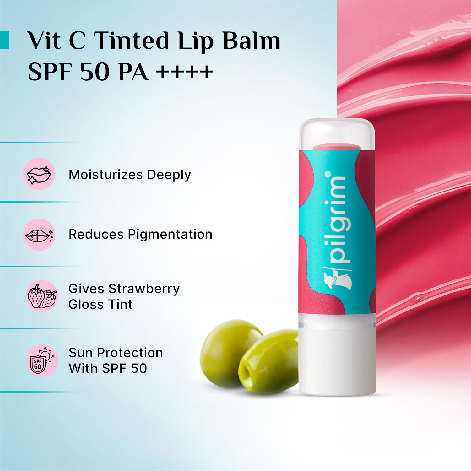 Image of Pilgrim Vitamin C Tinted Lip Balm with Spanish Squalane Strawberry
