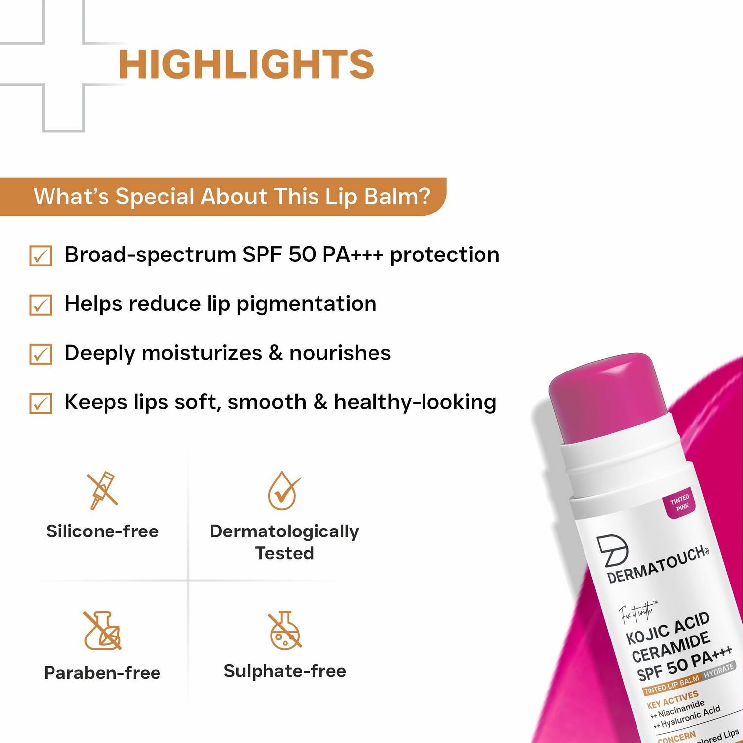 Dermatouch Kojic Acid Ceramide SPF 50 Pink Lip Balm - Image 4