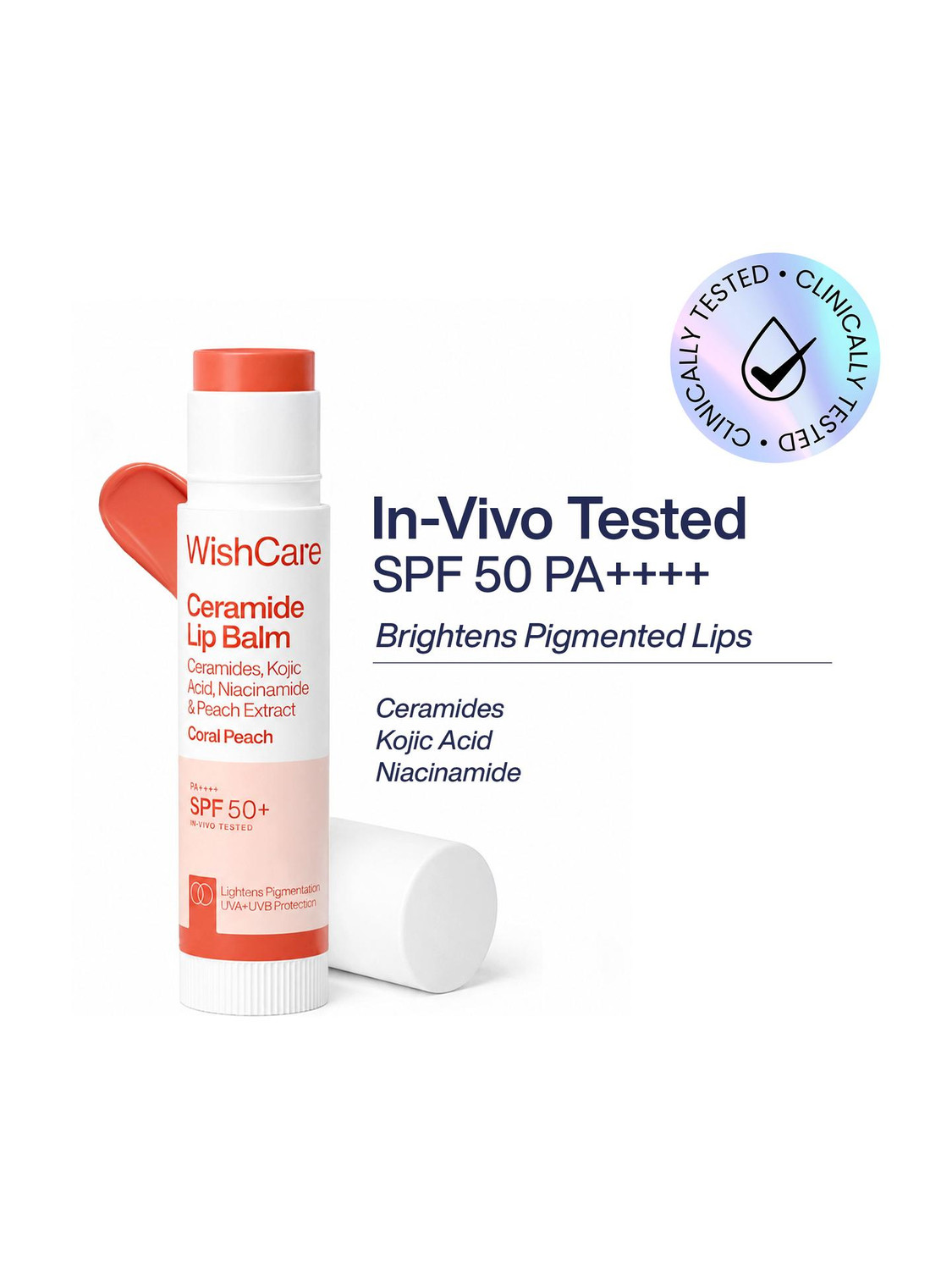 Image of WishCare Tinted Ceramide Lip Balm with SPF50 PA++++ Kojic Acid & Niacinamide Peach