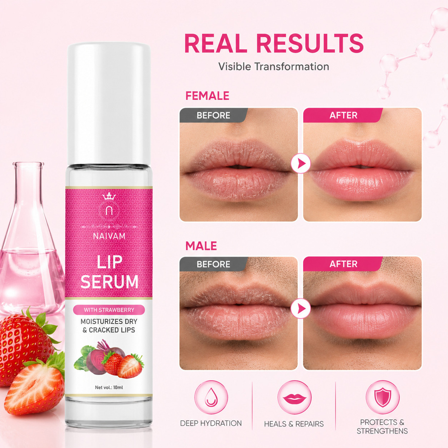 Image of Naivam Lip Serum - Advanced Brightening Therapy for Soft, Moisturised Lips (2x10ml) Strawberry (Pack of: 2, 20 ml)