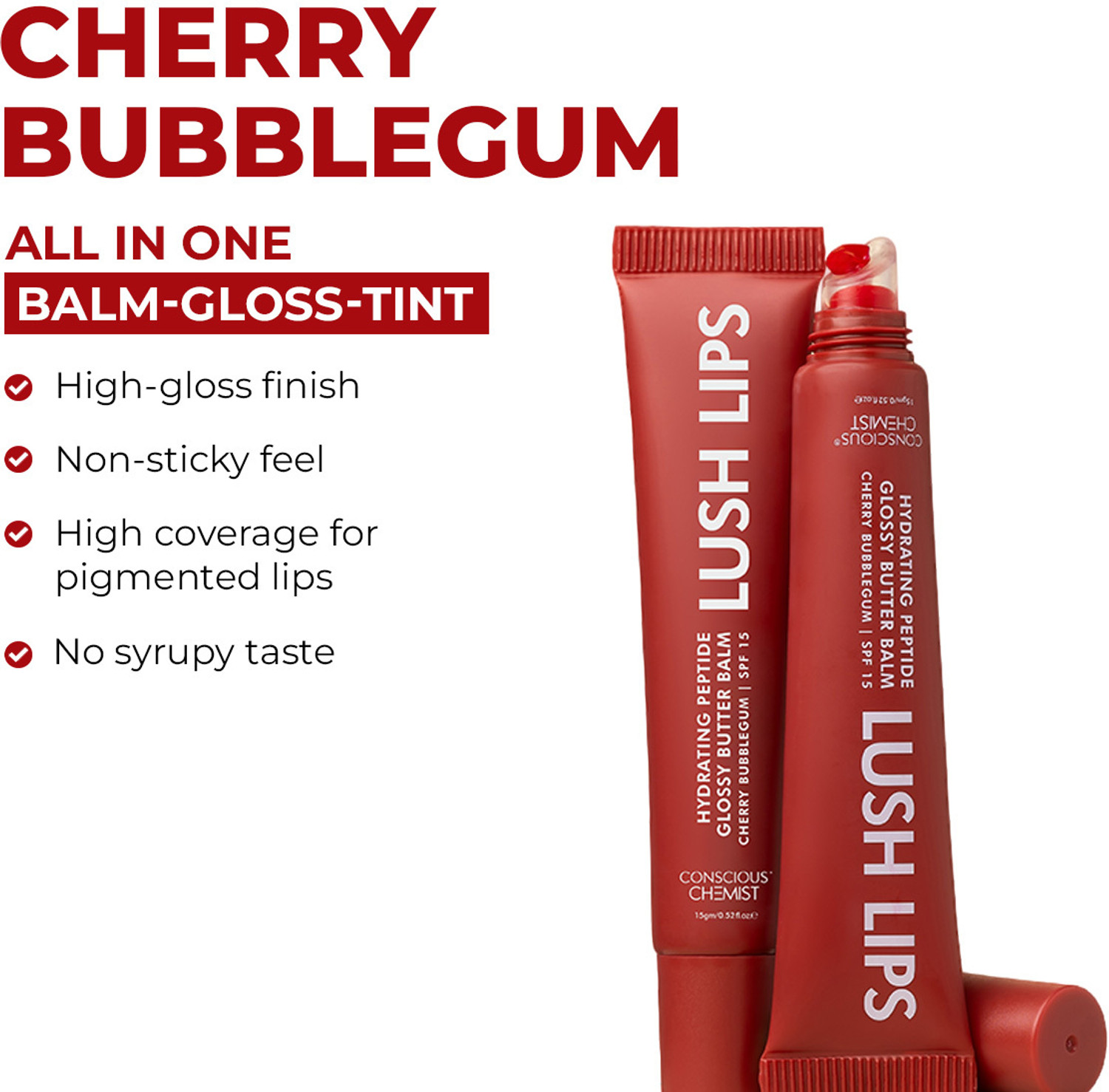 Image of Conscious Chemist Peptide Lip Balm SPF15 | Moisturizing & Sun Protection | Cherry Bubblegum Cherry Bubblegum