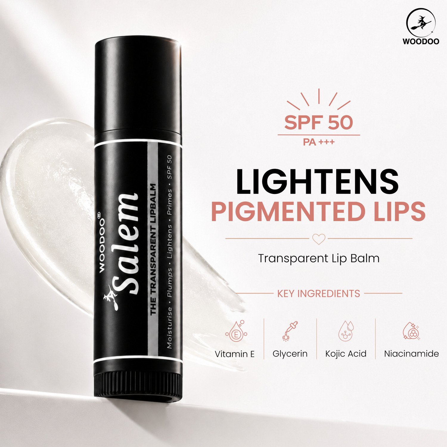 woodoo Multifunctional Salem Lip Lightening Balm with Niacinamide Rose Oil & Vitamin E for Dark & Pigmented Lips |Uv Protection|Unisex|SPF 50 Pa++