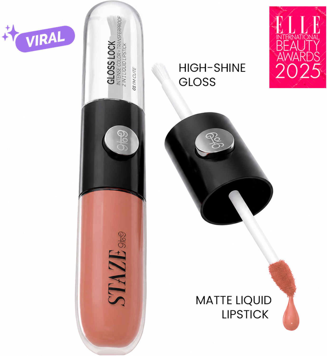 Image of Staze Gloss Lock 2-in-1 Liquid Lipstick + Clear Gloss | I'm Cute (8.2ml) (7 g, I'm Cute)
