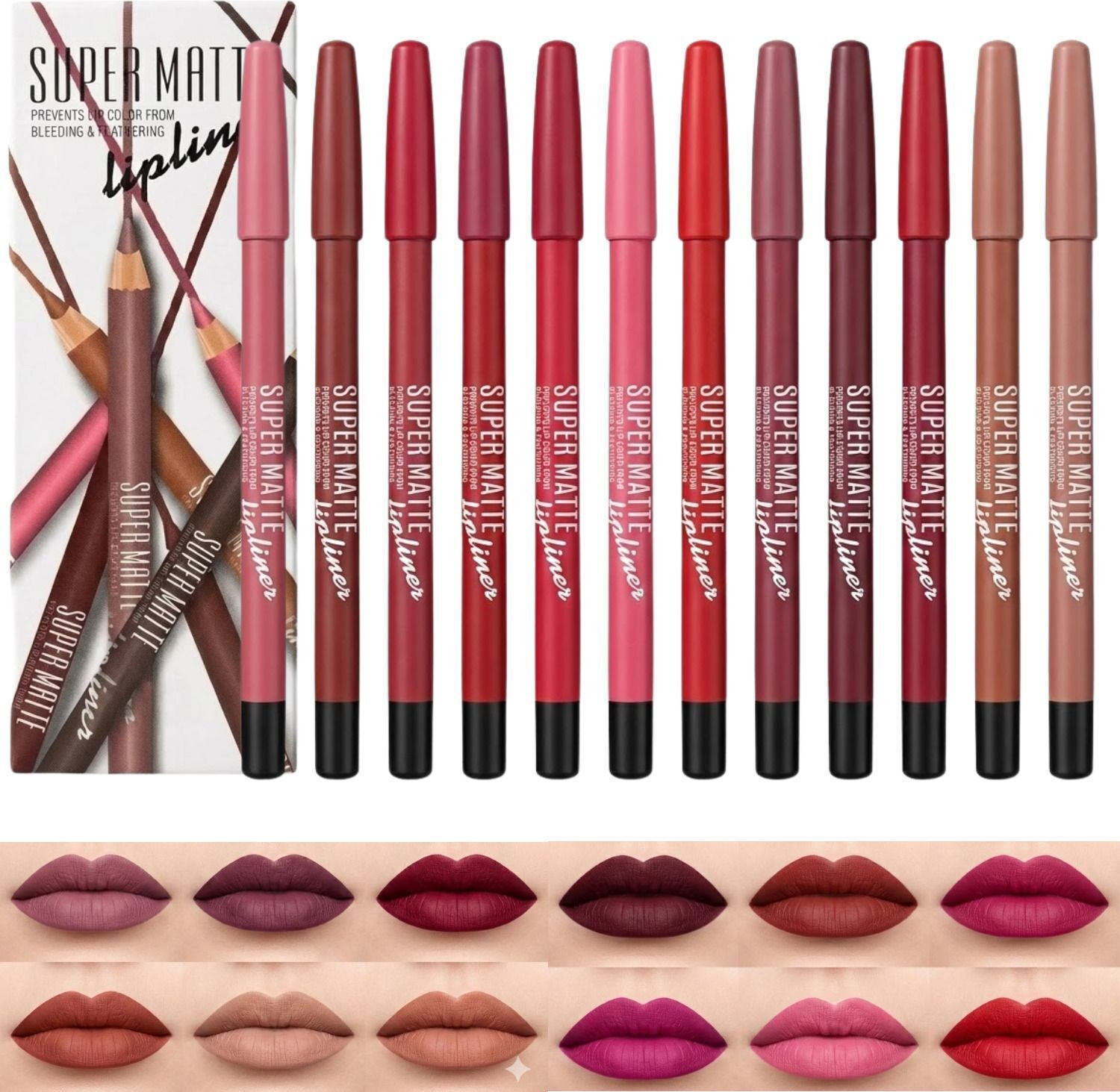 Image of HUDA CRUSH 12-Color Lip Liner Pencil Set for Women & Girls Waterproof Long Lasting Matte