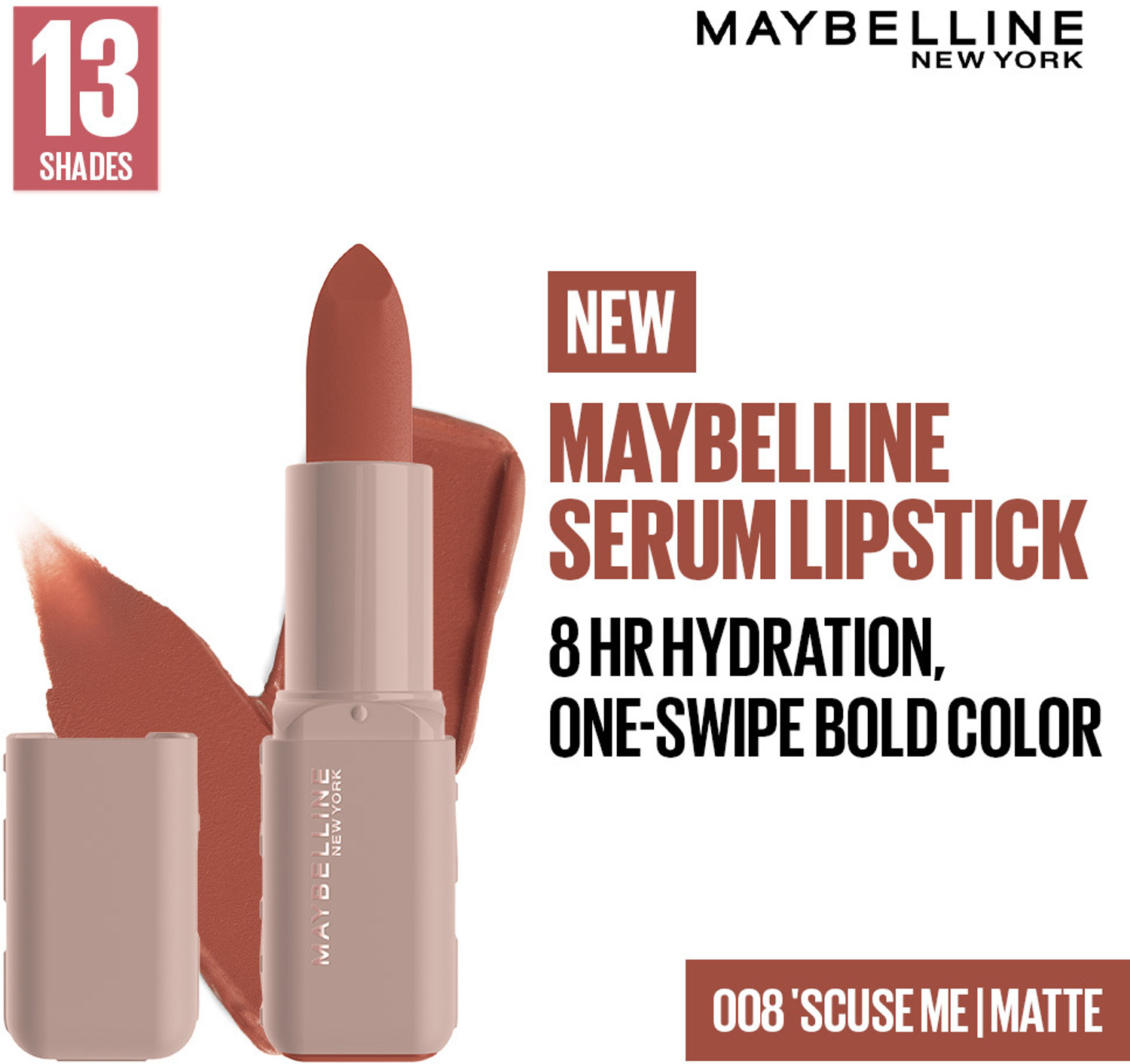 Image of MAYBELLINE NEW YORK Serum Lipstick (Matte) 8Hr Hydrated color - 008 'Scuse Me (Brown, 3.4 g)