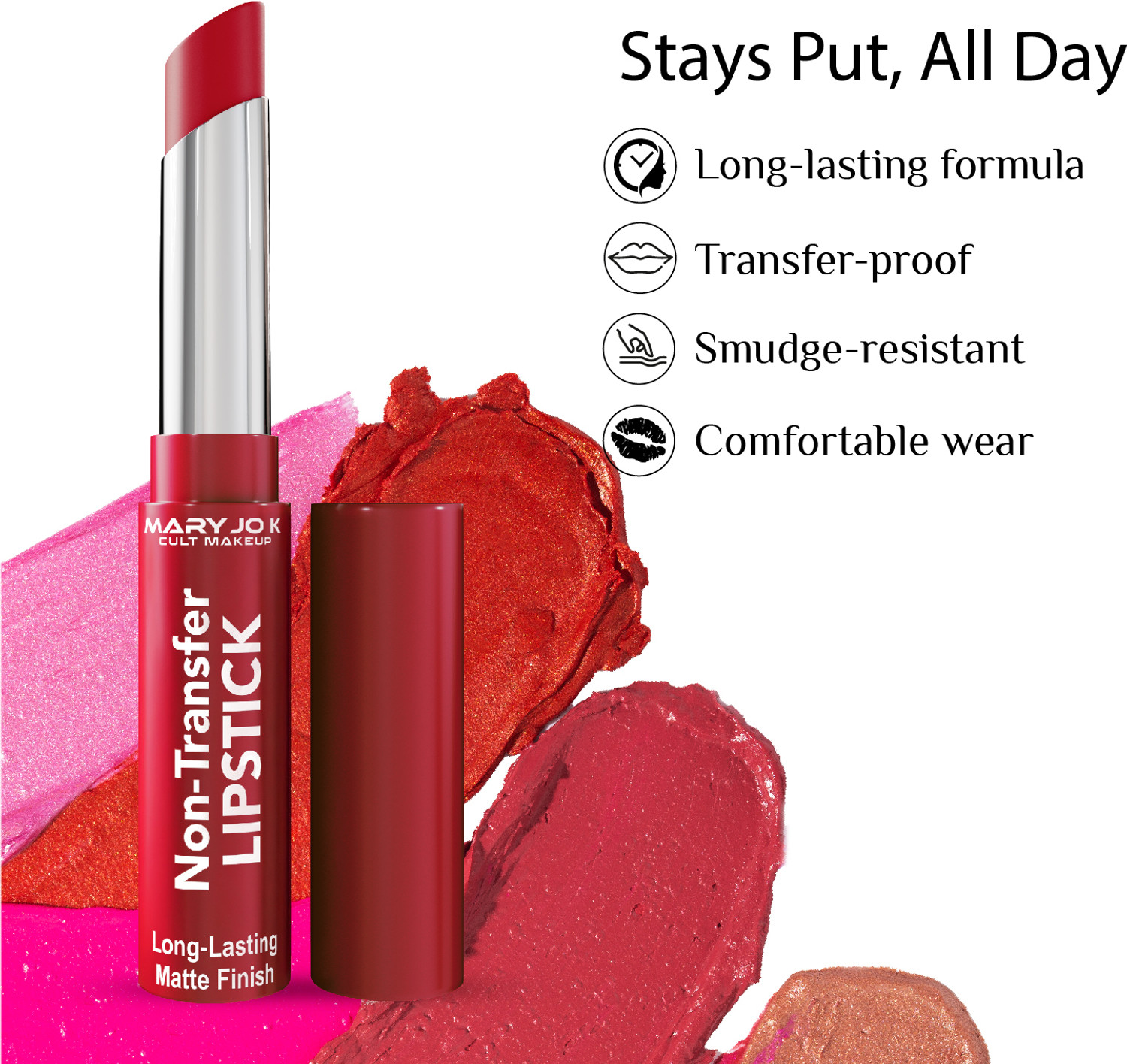 Image of MARY JO K Non Transfer Lipstick, Smudge-proof & Transfer-proof Wear, Vitamin E