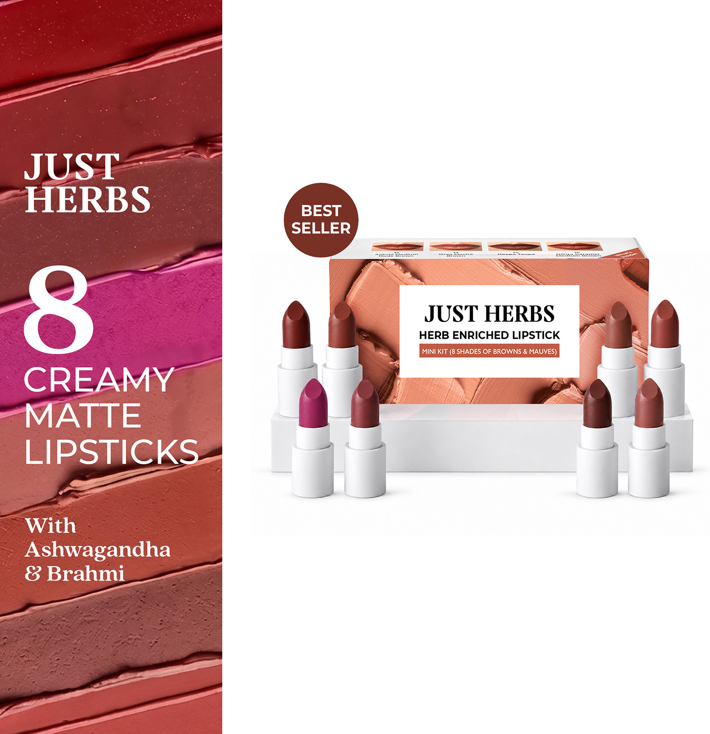 Image of Just Herbs Herb Enriched Lipstick Kit | 8 Matte Brown & Mauve Shades for Women