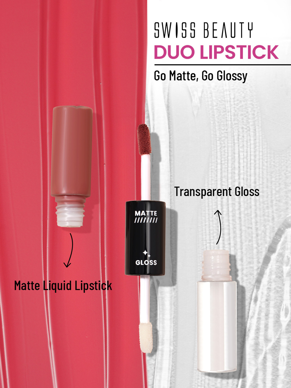 Image of SWISS BEAUTY Duo Lipstick | Matte Liquid + Glossy Lipgloss | Smudge Proof Long Lasting 10 ml