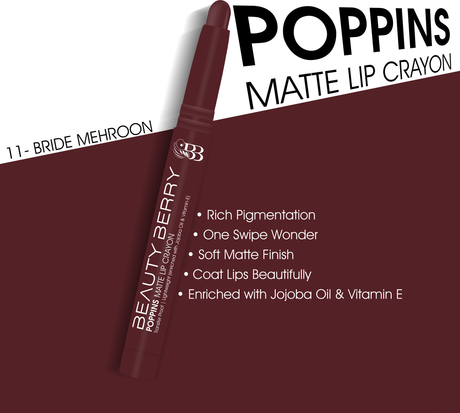 Image of Beauty Berry Poppins Matte Lip Crayon Lipstick Enriched with Jojoba Oil & Vitamin E