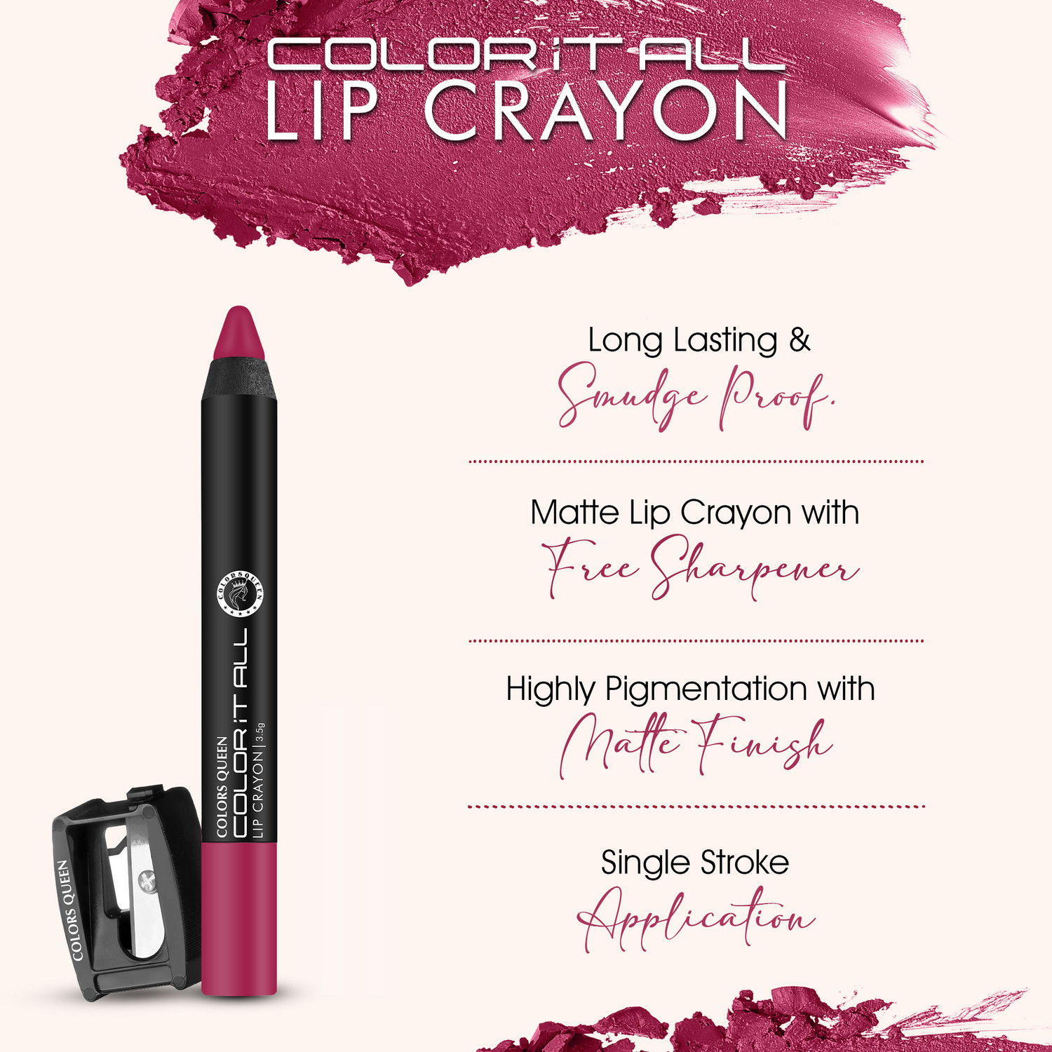 Image of COLORS QUEEN Color It All Long Lasting Lip Crayon Matte Lipstick Combo 3 with Sharpener