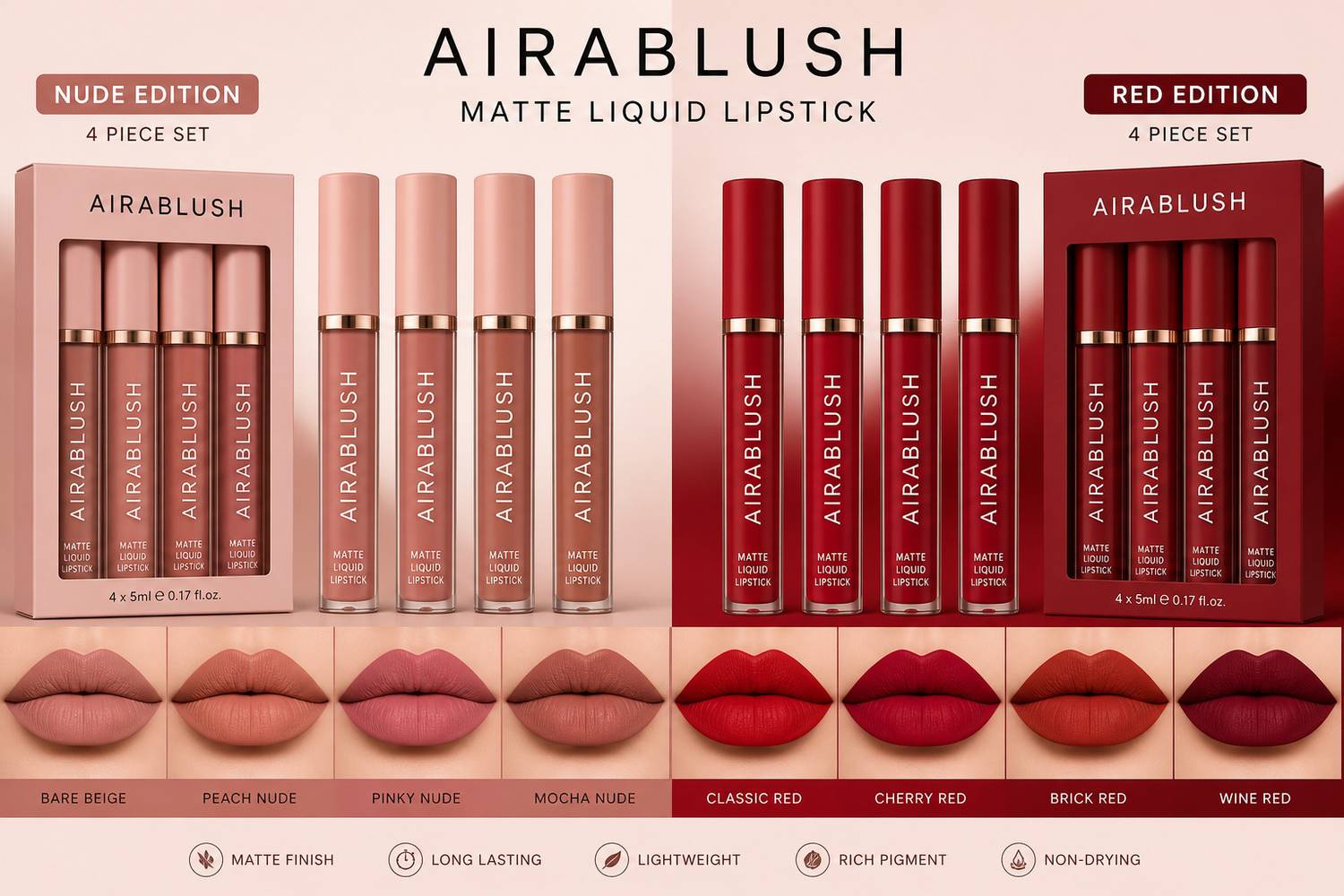 AIRABLUSH New-Waterproof Red Edition and Nude Edition Liquid Matte MinLipsticks