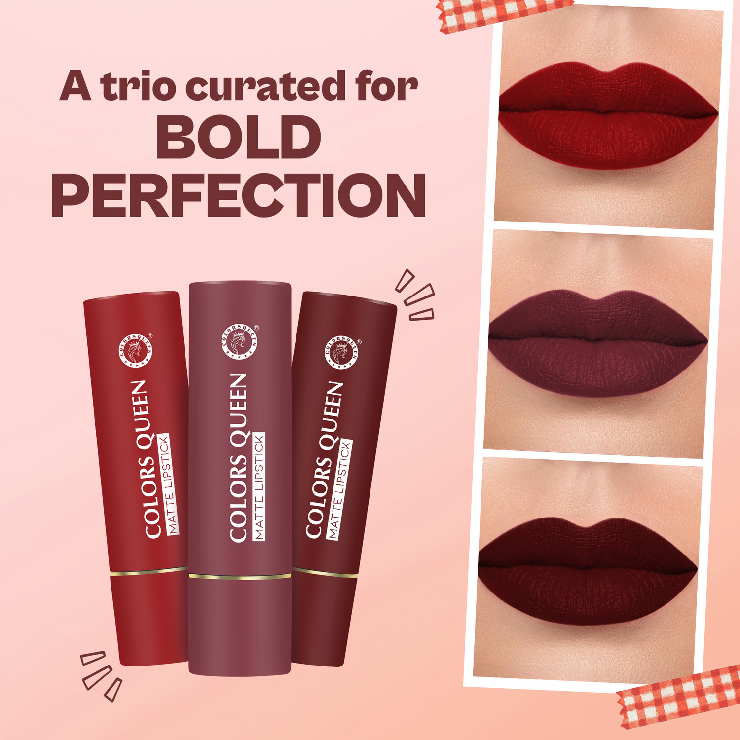 Image of COLORS QUEEN Lippie Pack of 3 Matte Lipsticks for Women Enriched with Jojoba Oil & Vitamin E