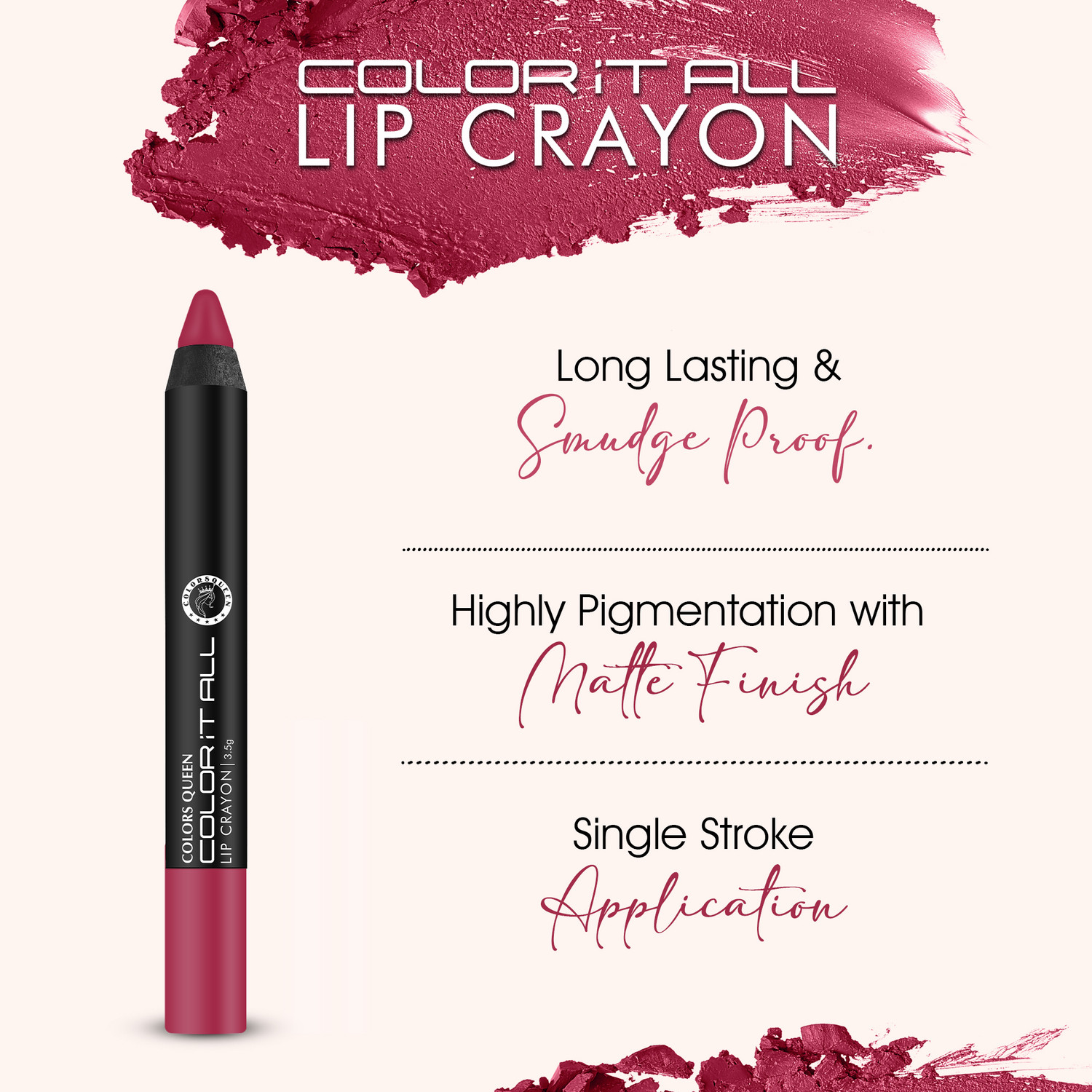 Image of COLORS QUEEN Color It All Lip Crayon Lipstick Combo Pack 3 & Get 1 Crayon, 1 Sharpener Free