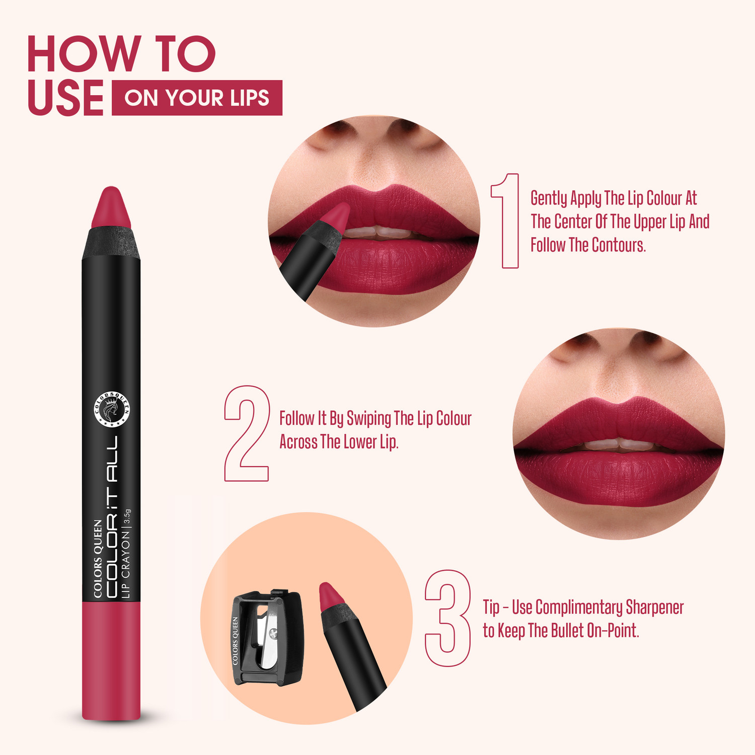 Image of COLORS QUEEN Color It All Lip Crayon Lipstick Combo Pack 3 & Get 1 Crayon, 1 Sharpener Free