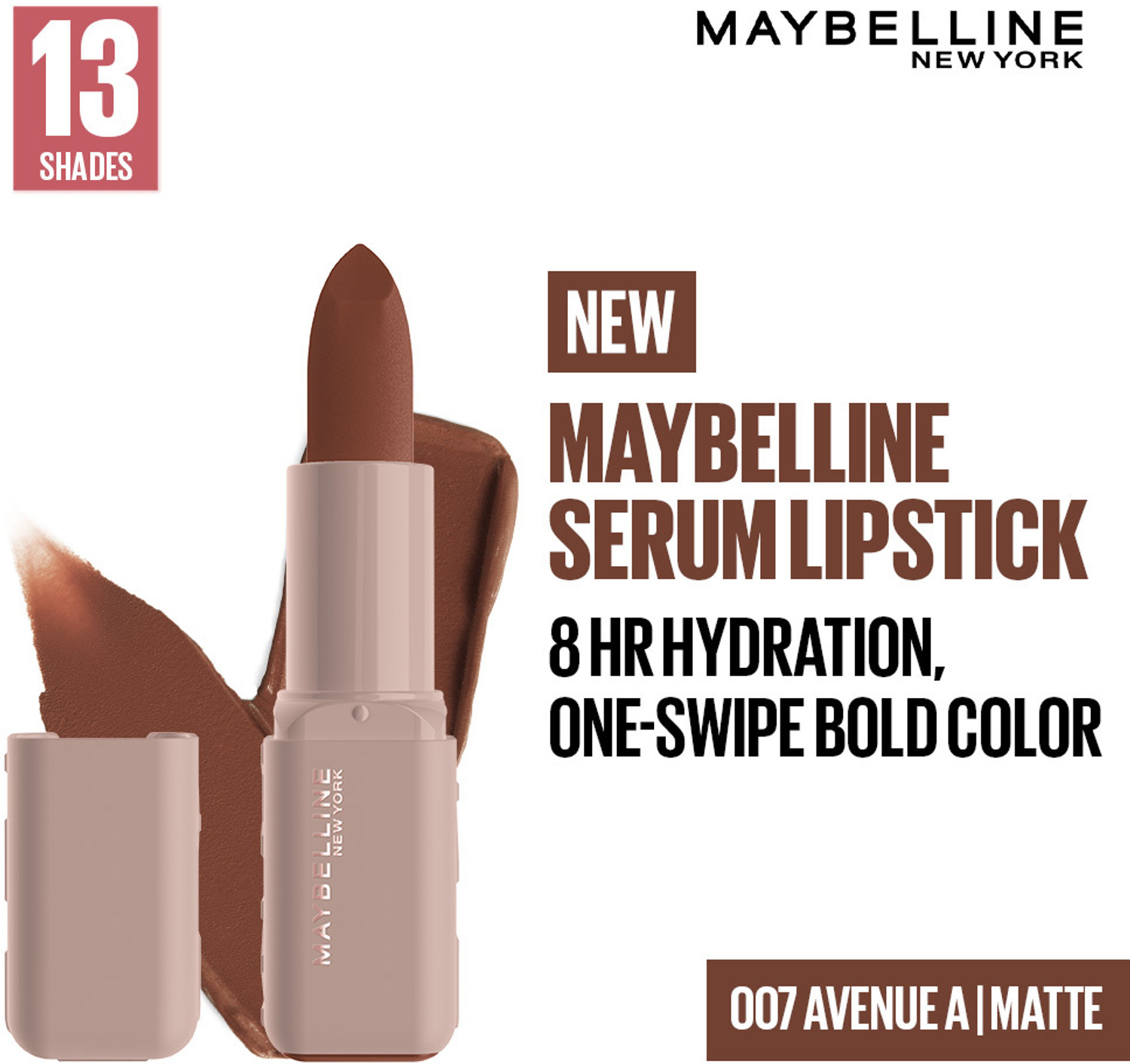 Image of MAYBELLINE NEW YORK Serum Lipstick (Matte) 8Hr Hydrated color - 007 Avenue A (Warm Brown, 3.4 g)