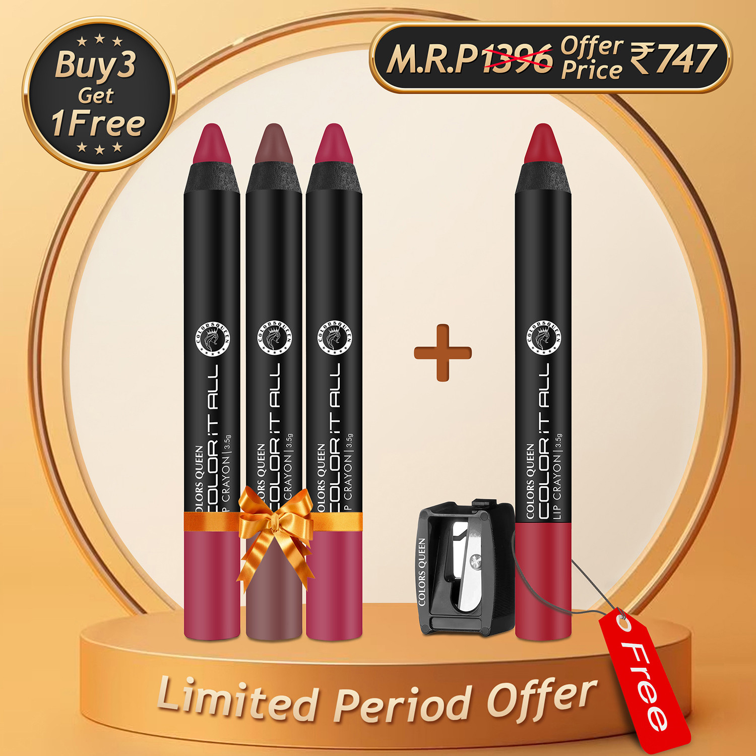 Image of COLORS QUEEN Color It All Lip Crayon Lipstick Combo Pack 3 & Get 1 Crayon, 1 Sharpener Free