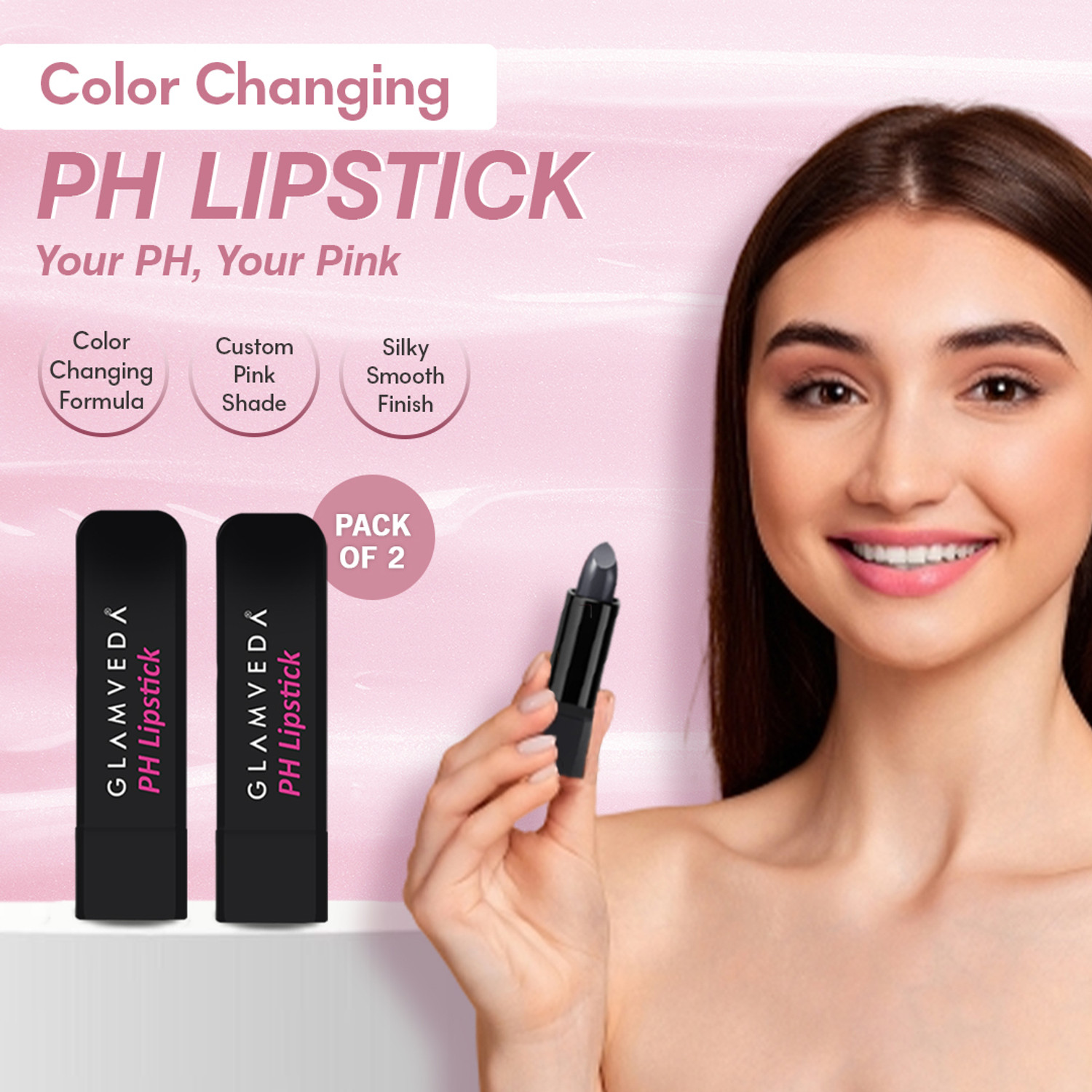 Image of GLAMVEDA PH Lipstick-Color Changing, Long Lasting & Moisturizing (Pack of 2)