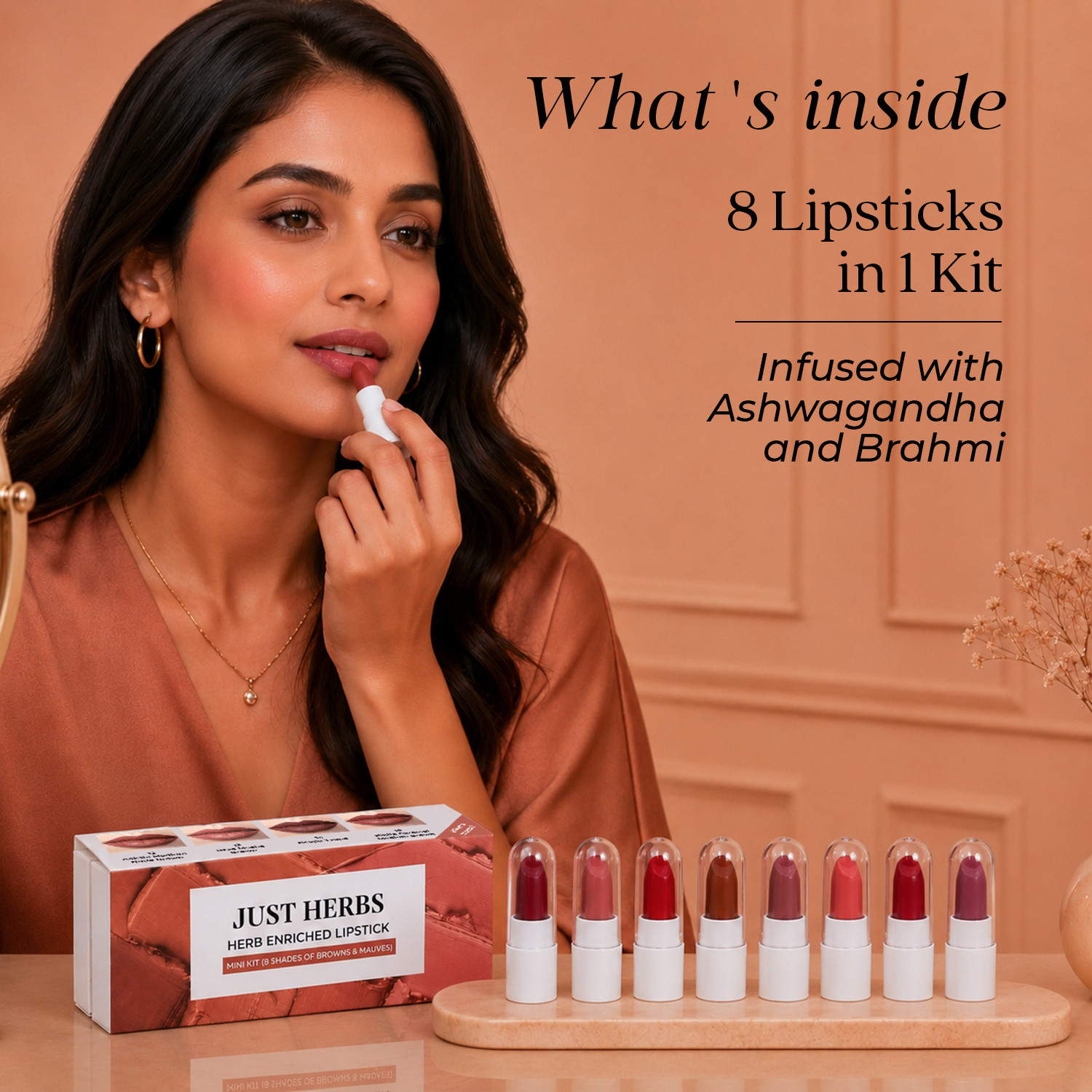 Image of Just Herbs Herb Enriched Lipstick Kit | 8 Matte Brown & Mauve Shades for Women