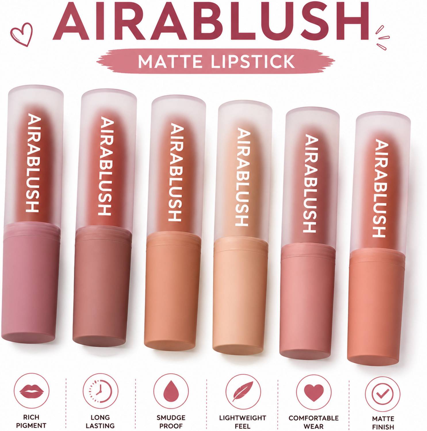 AIRABLUSH New-Matte Lipstick, Intense Color, Transfer-Proof, Hydrating with Hyaluronic