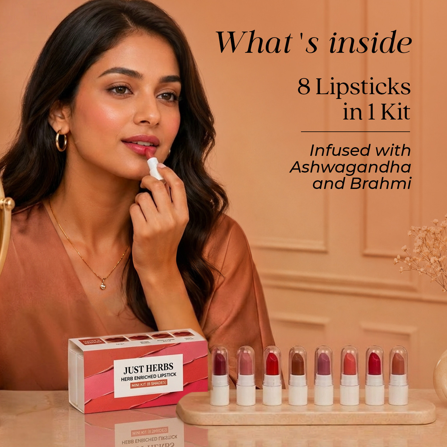 Image of Just Herbs Ayurvedic Lipstick Micro-mini Kit|Kit of 8 Matte Lipsticks Travel-friendly -9.6g