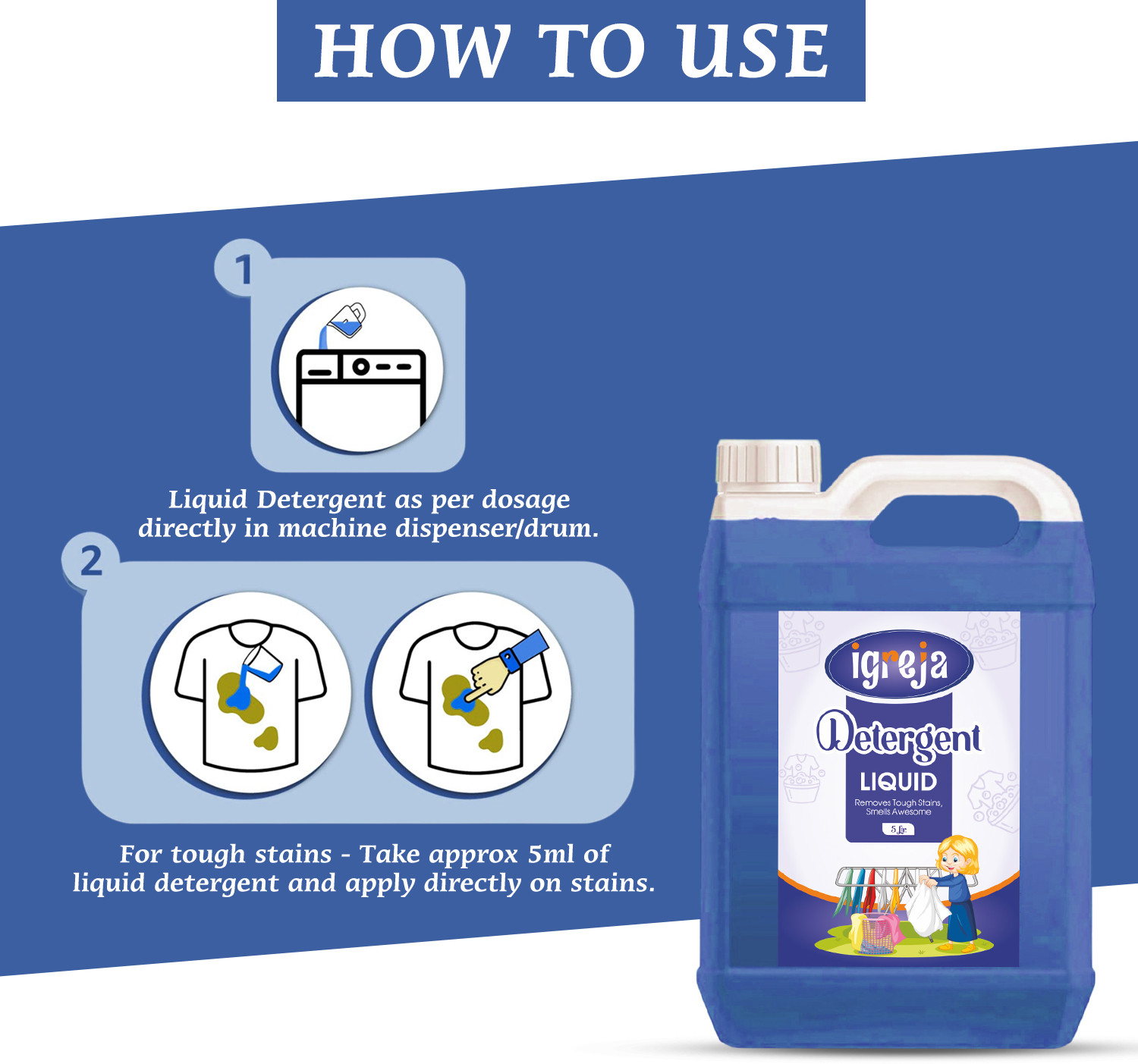 Image of IGREJA Washing machine liquid detergent top load and front load -Blue (5 ltr) Aqua Liquid Detergent
