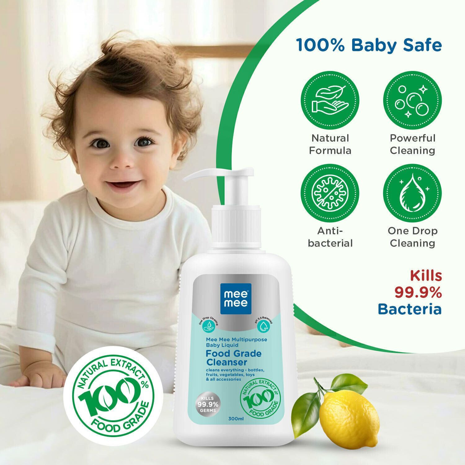 Image of MeeMee Baby Food Grade Cleanser Kills 99.9% Germs for Baby Accessories, Toys & Veggies Liquid Detergent (300 ml)