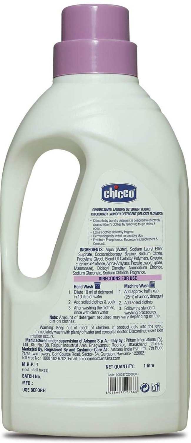 Image of Chicco Baby Laundry Detergent, Delicate Flowers, 5X Stain & Germ Fighter, Kills 99% of Germs, Gentle on Clothes & Skin (1 L) Floral Liquid Detergent