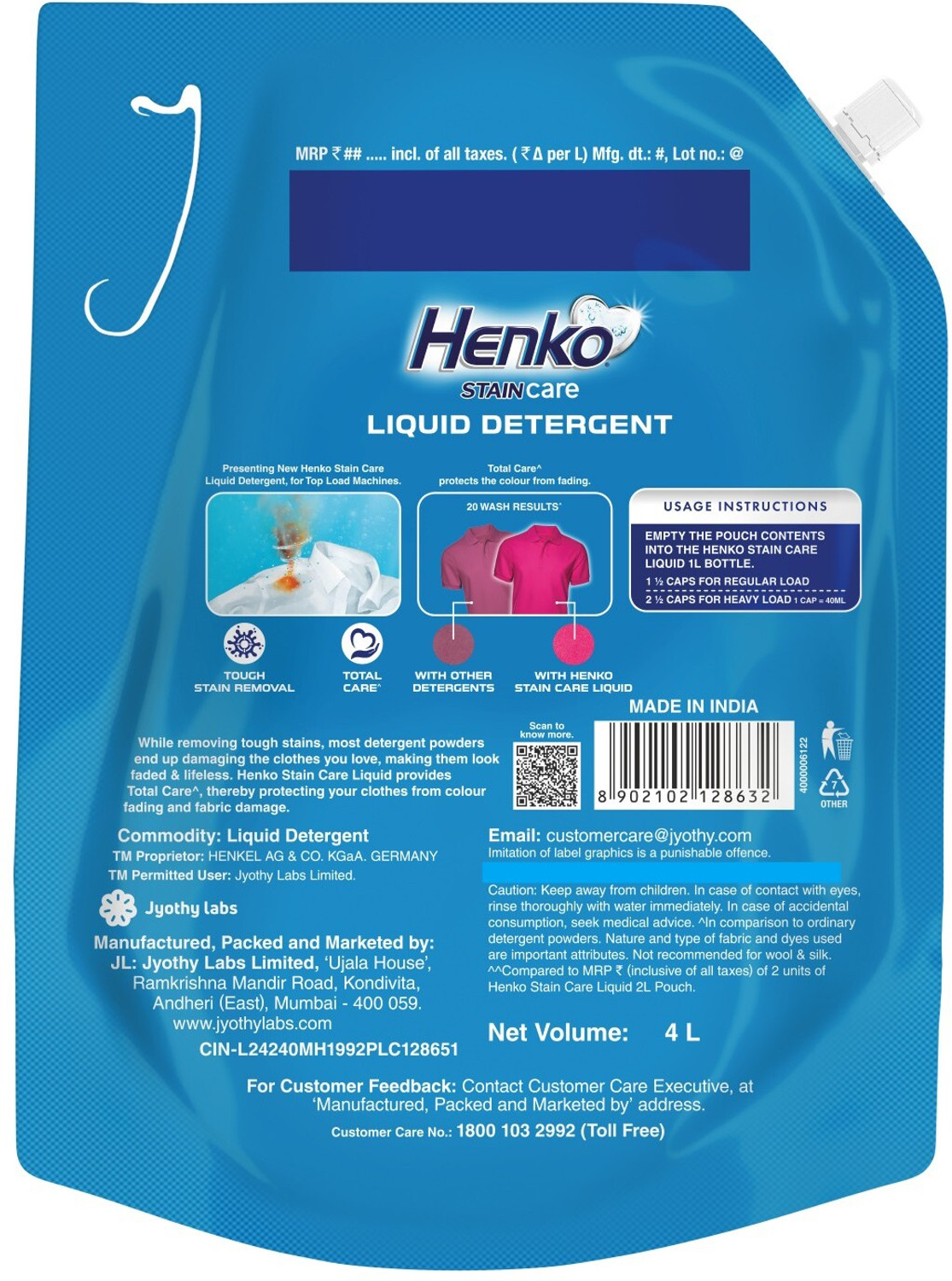 Image of Henko Stain Care Detergent Liquid Top Load Liquid Detergent Fresh Liquid Detergent