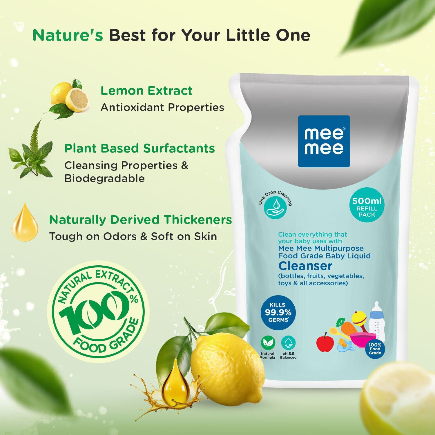 Image of MeeMee Baby Food Grade Cleanser Kills 99.9% Germs for Baby Accessories, Toys & Veggies Liquid Detergent (0.5 L)