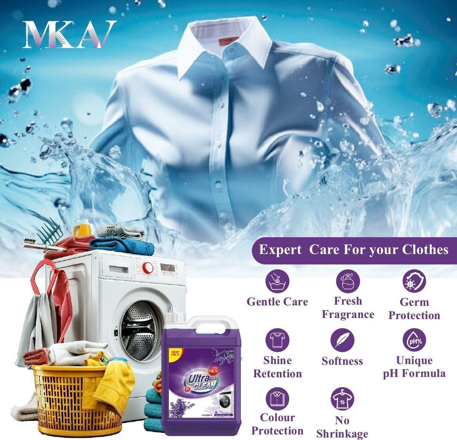 Image of MKAV Ultra clean Top & Front Load Washing Machines liquid detergent Lavender Liquid Detergent