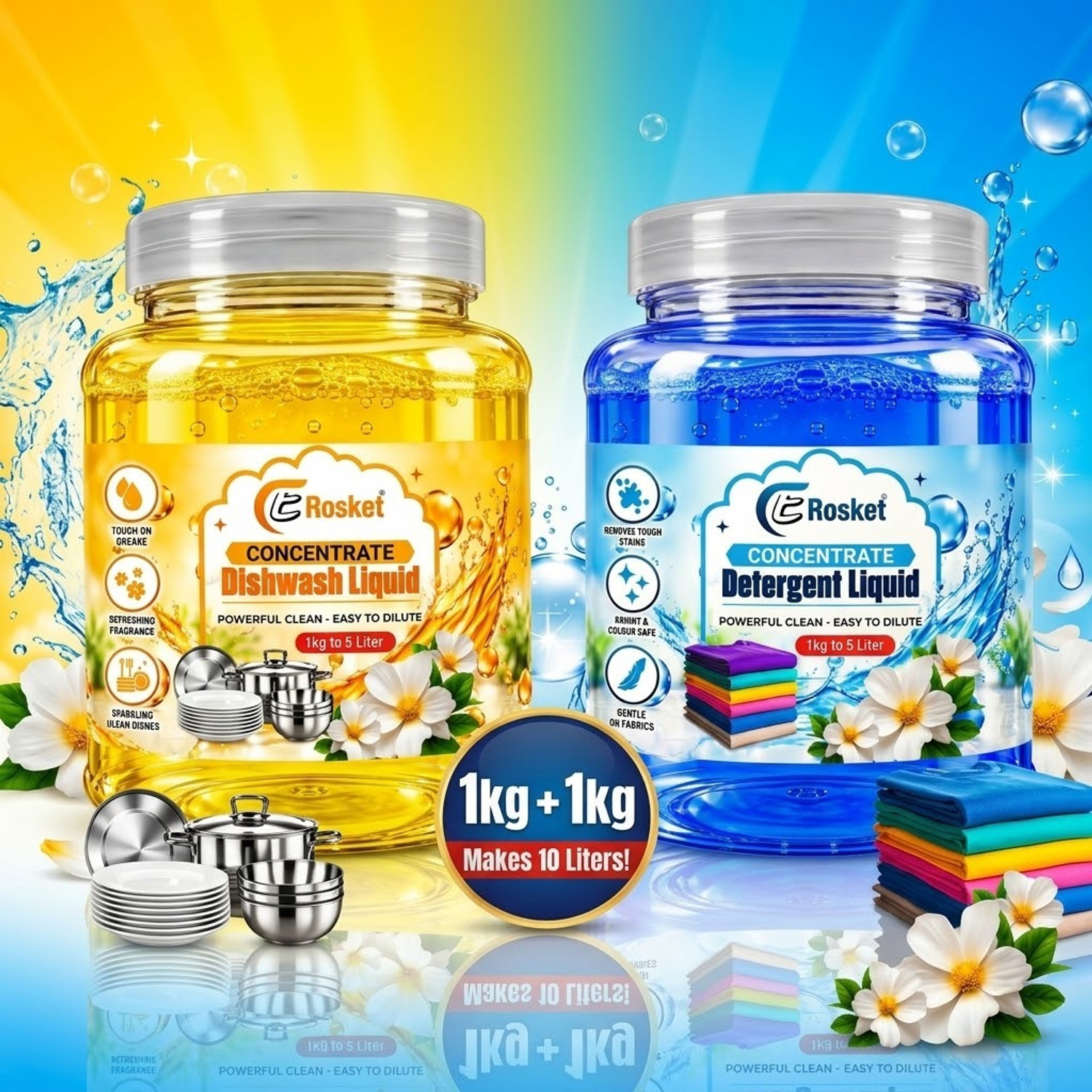 Image of EROSKET Blue Detergent Liquid & Yellow Dishwash Liquid Combo Fresh Liquid Detergent (1 kg)