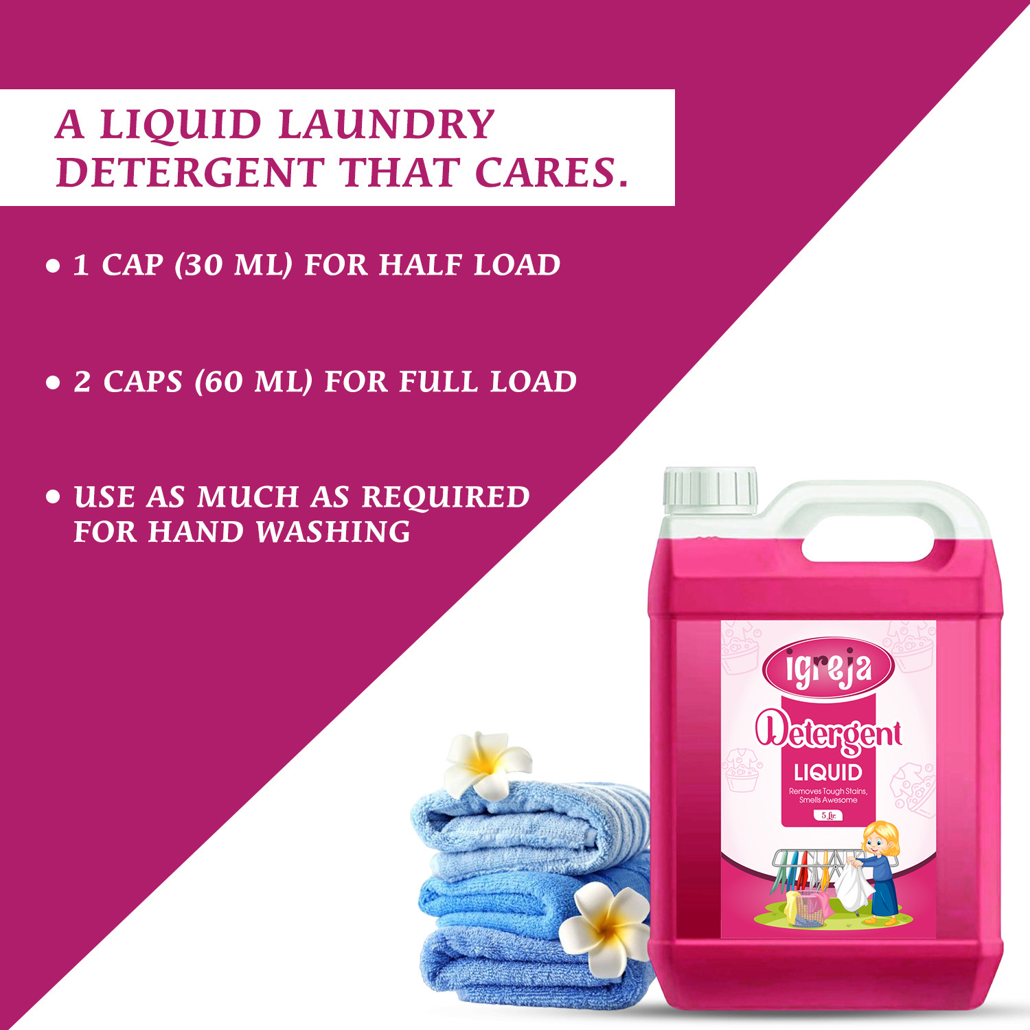 Image of IGREJA Washing machine liquid detergent top load and front load -Pink (5 ltr) Rose Liquid Detergent
