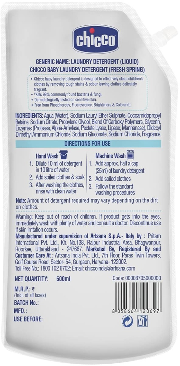 Image of Chicco Baby Laundry Detergent, Fresh Spring, 5X Stain & Germ Fighter Fresh Liquid Detergent