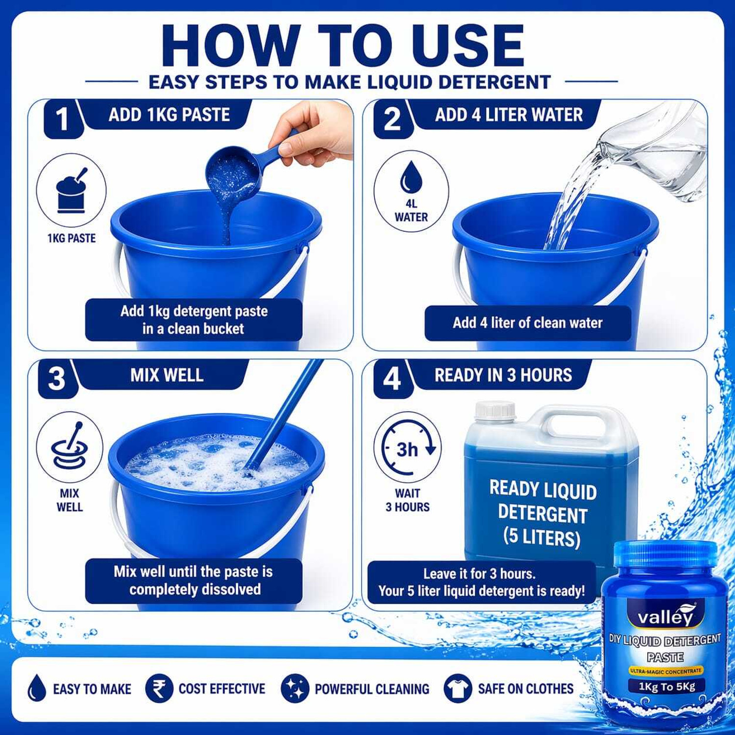 Image of Valley DIY Liquid Detergent Paste 1kg (Makes 5L Liquid) Aqua Liquid Detergent