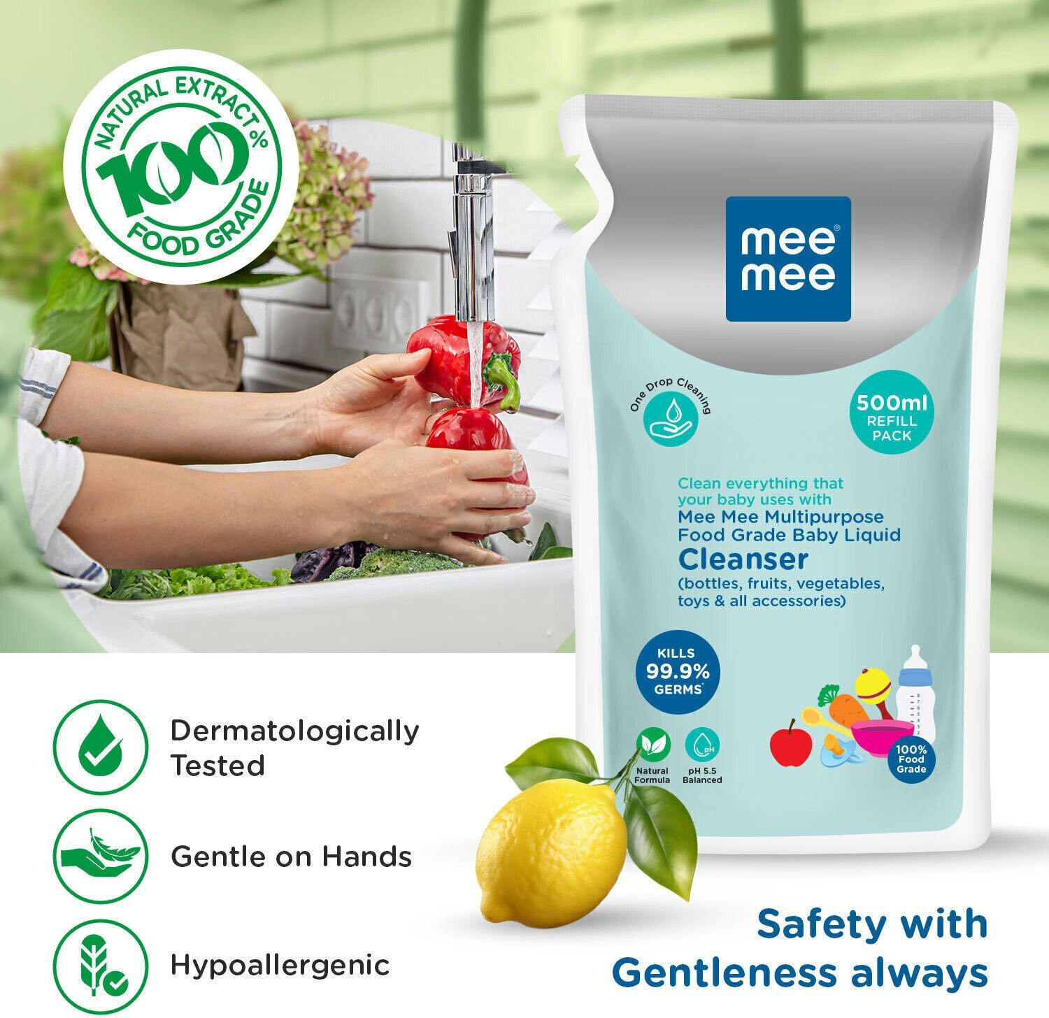 Image of MeeMee Baby Food Grade Cleanser Kills 99.9% Germs for Baby Accessories, Toys & Veggies Liquid Detergent (0.5 L)